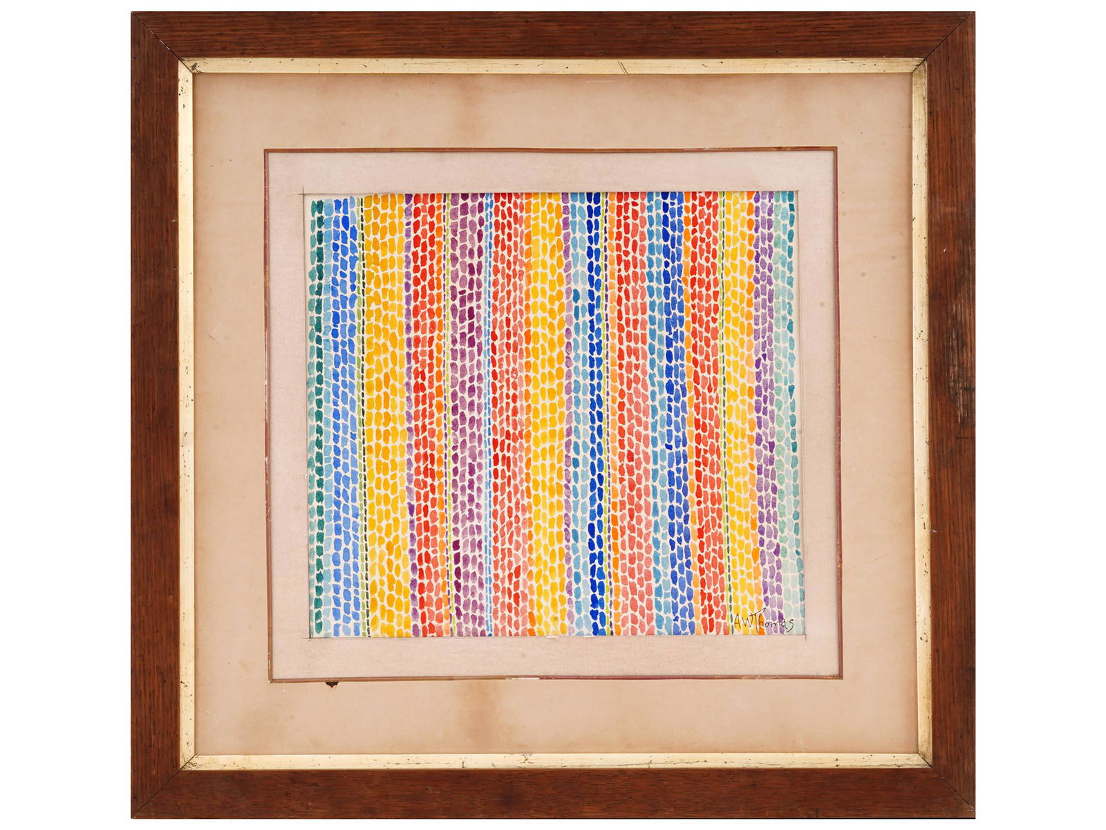 OPTICAL AMERICAN WATERCOLOR PAINTING BY ALMA W THOMAS: Alma Woodsey Thomas, Afro American, 1891 to 1978, watercolor painting on paper depicting an abstract optical composition. Signed lower right. Circa: 1970s. Framed. Alma Thomas is known for Non objecti