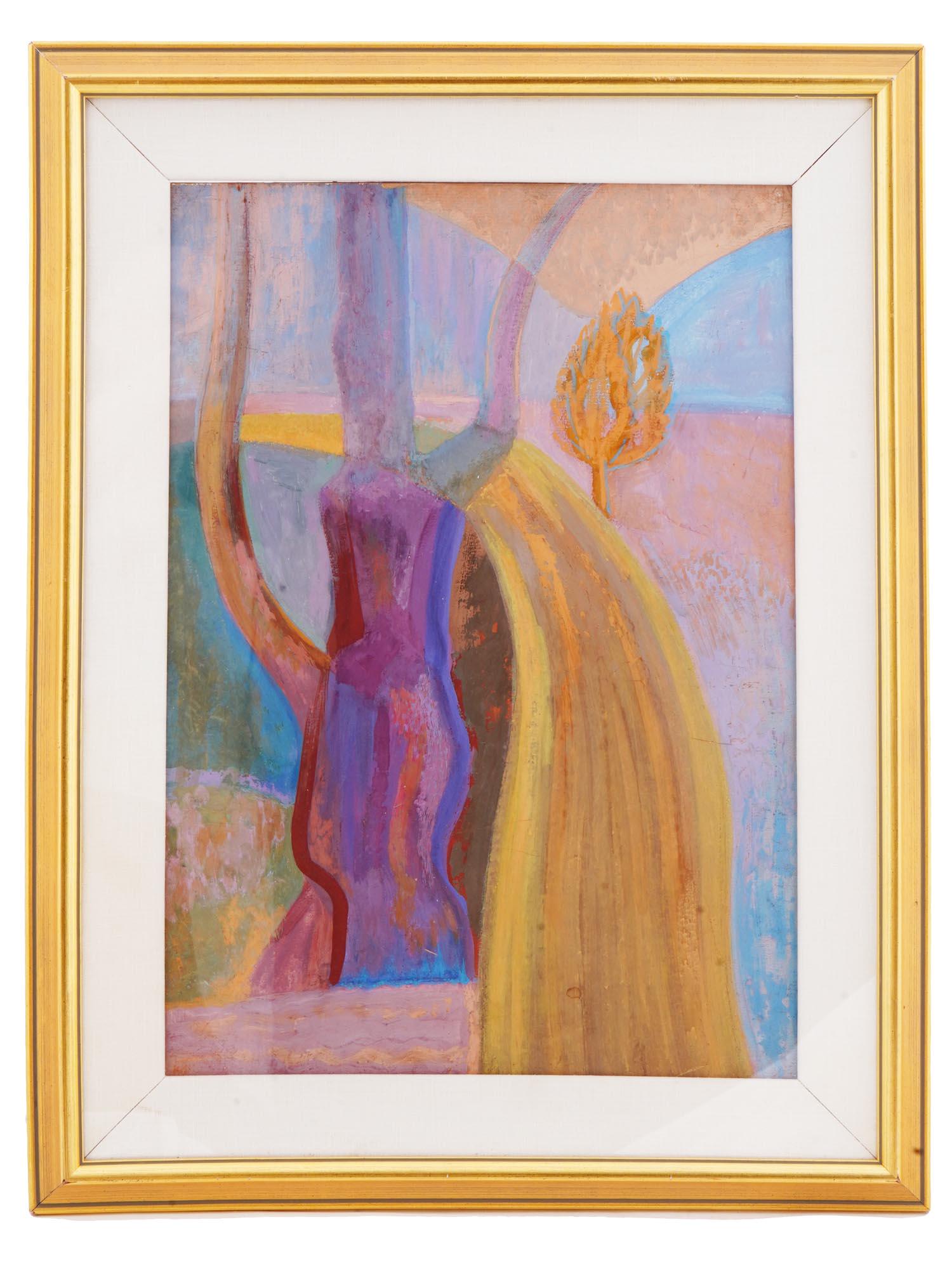 RUSSIAN SOVIET ERA PAINTING BY TATYANA GLEBOVA: Tatyana Glebova, Russian, 1900 to 1985, a tempera on paperboard painting Oranienbaum,1962, depicting an abstract landscape. Signed, titled, and dated verso. Matted and framed. Note: Tatyana Glebova wa