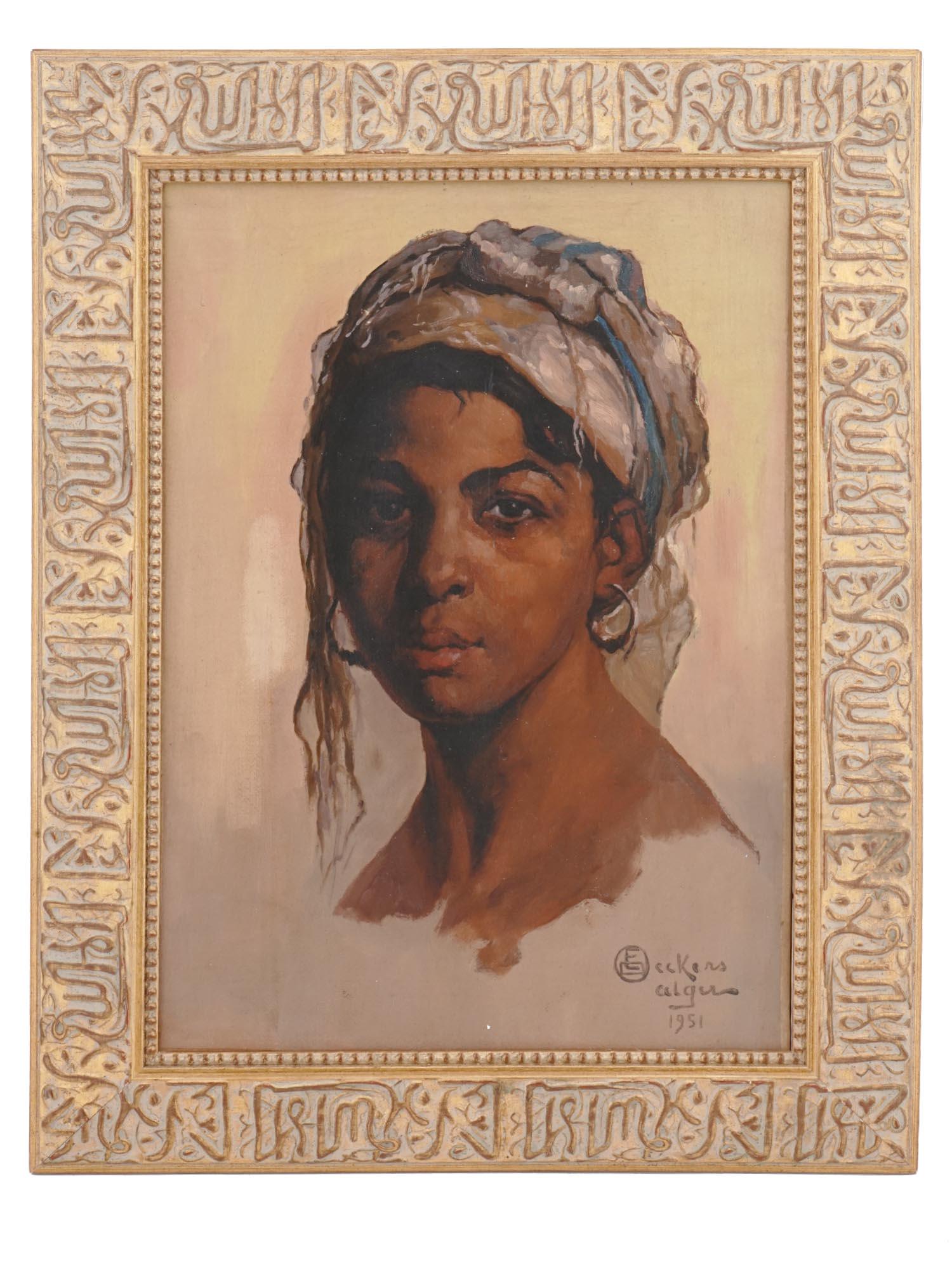 MID CENTURY ORIENTALIST PAINTING BY EMILE DECKERS: Emile Deckers, Belgian, 1885 to 1968, an oil on artist board painting depicting a portrait of a young Algerian woman, 1951. Signed by the artist and dated on the lower right. Housed in an old richly d
