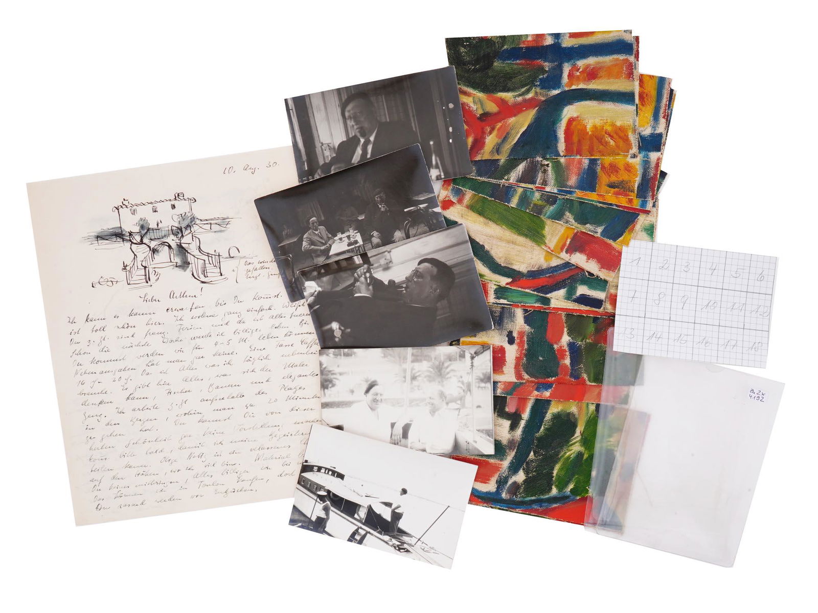 ANDRE DERAIN CUT OIL PAINTING WITH LETTER AND PHOTOS: A collection of artworks and photographs related to the oeuvre of the French Fauvist artist Andre Derain, 1880 to 1954. The lot includes an oil on canvas painting depicting a Fauvist landscape with a