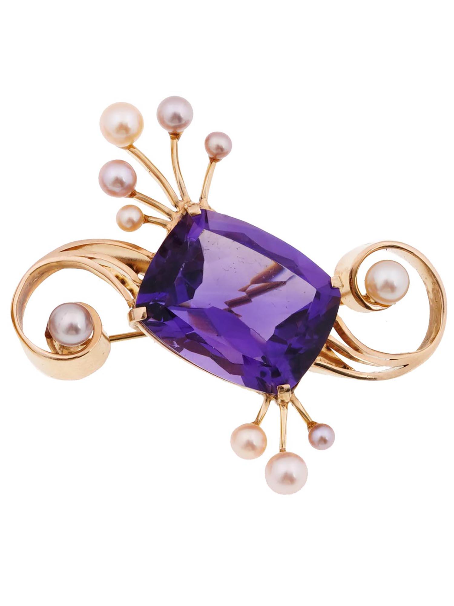 VINTAGE 14K GOLD AMETHYST MULTICOLOR PEARL BROOCH (1 of 3)