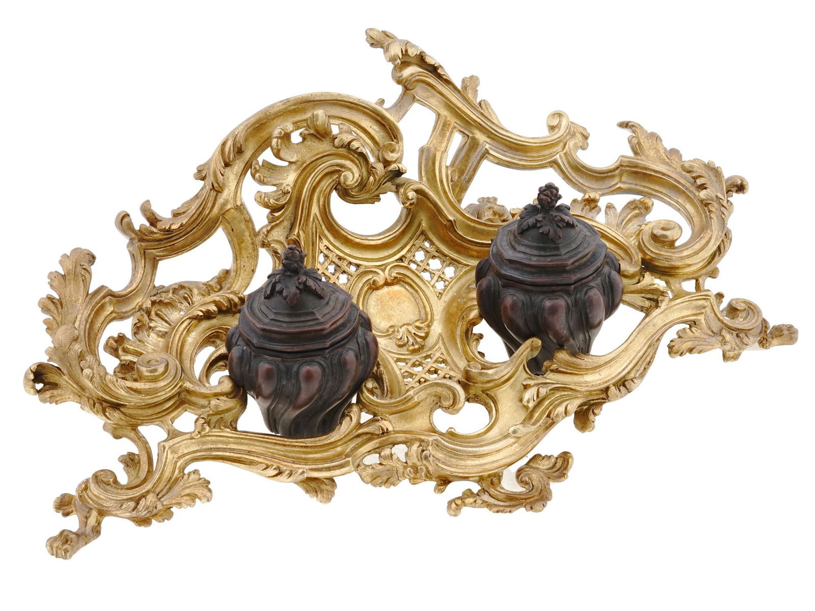ANTIQUE FRENCH ROCOCO GILT BRONZE DESK INKWELL (1 of 7)