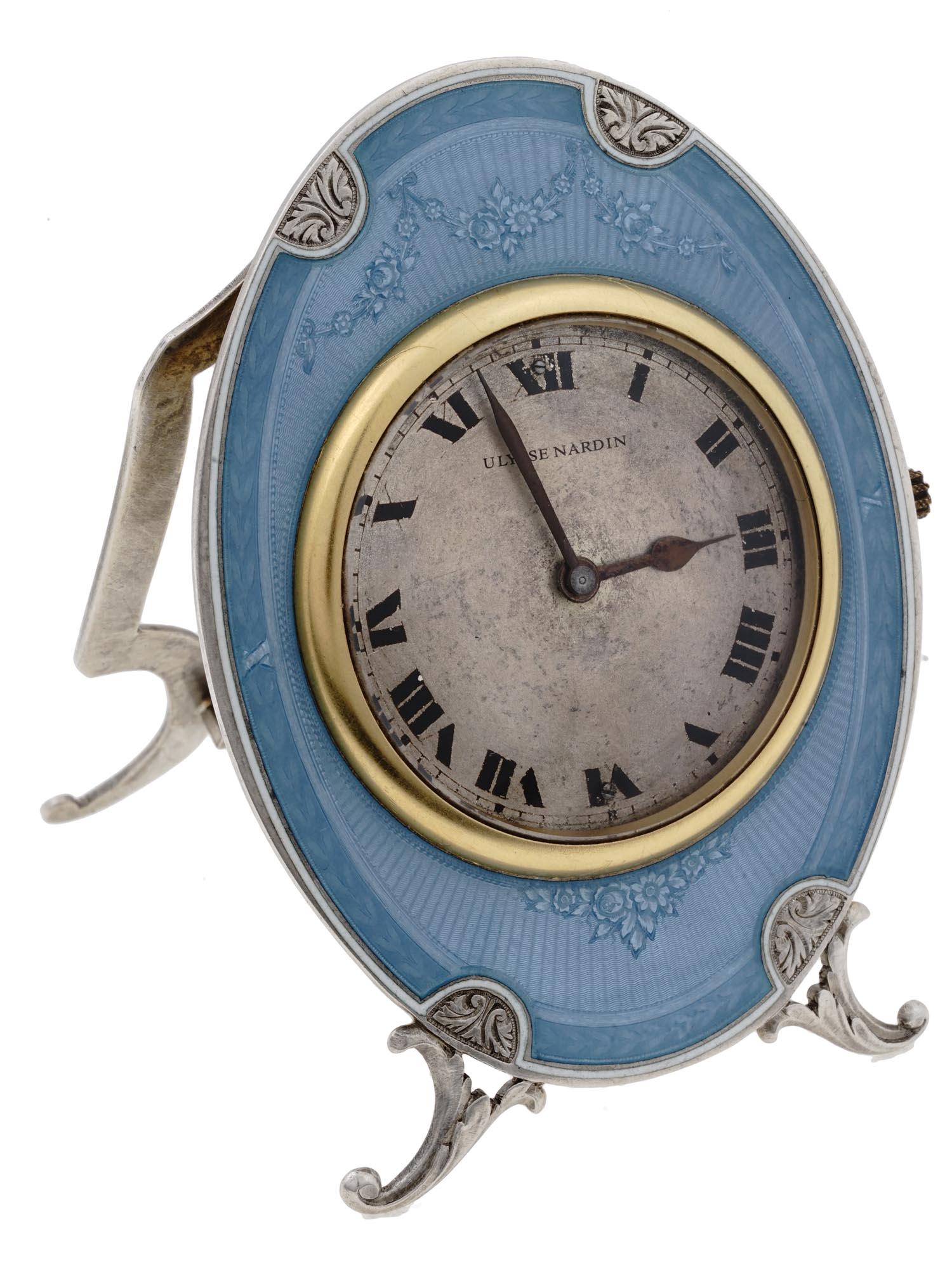 ANTIQUE ULYSSE NARDIN SILVER GUILLOCHE ENAMEL TABLE CLOCK (1 of 7)