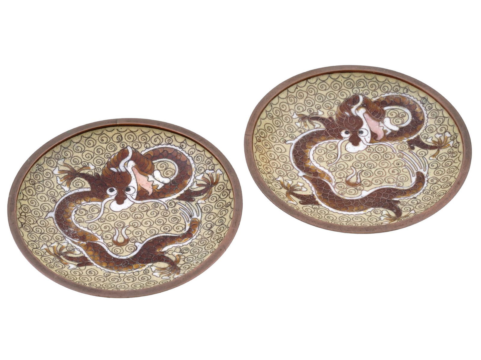 CHINESE DRAGONS CLOISONNE ENAMEL BRASS PLATES (1 of 3)