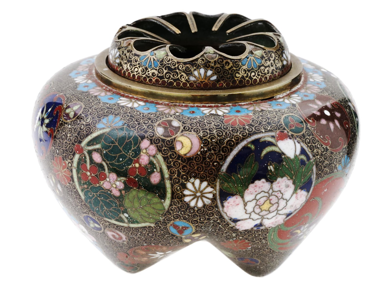 ANTIQUE JAPANESE MEIJI TRIPOD ENAMEL CENSER KORO: An antique Japanese Meiji Era covered enamel metal censer koro. Circa: late 19th century to early 20th century. The sphere form ware is enameled with polychrome medallions with blossoming flowers, flo