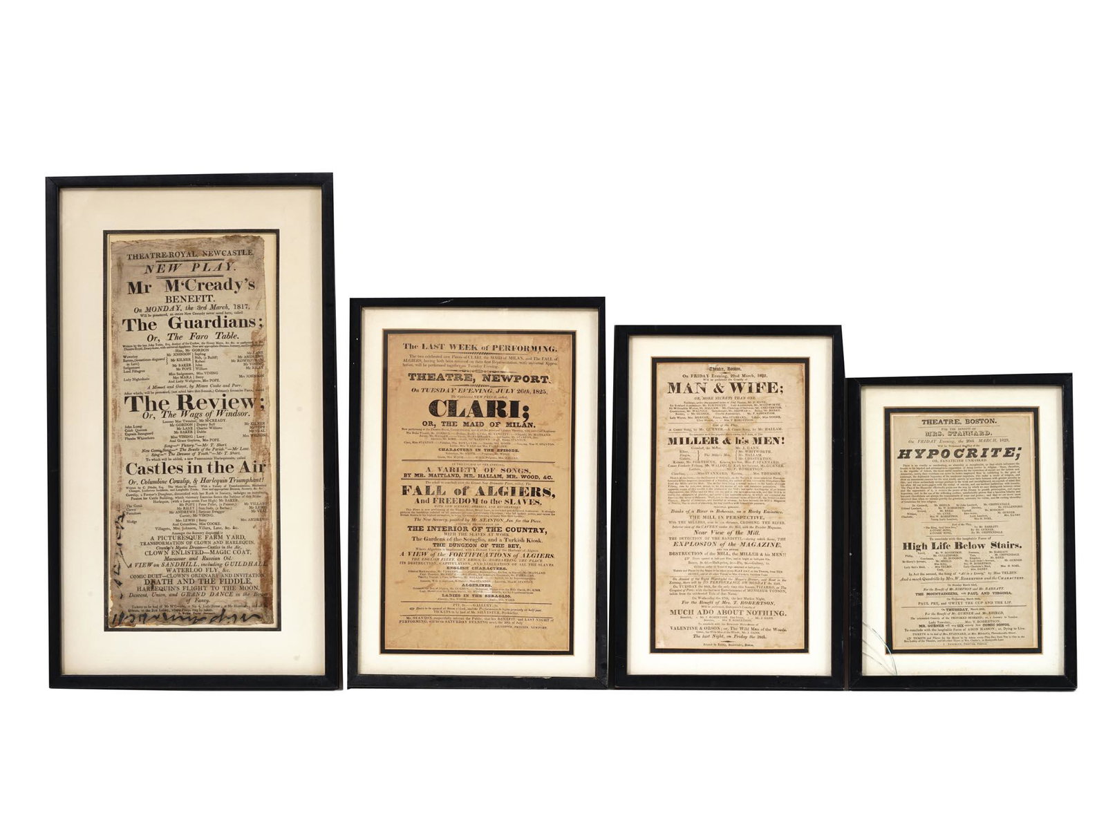 ANTIQUE AMERICAN AND ENGLISH PRINTED PLAYBILLS: A set of four antique American and English printed playbills from Newport, Boston and New Castle theaters announcing the performances of Clari, the maid of Milan, Man and Wife, The Guardians, or the F