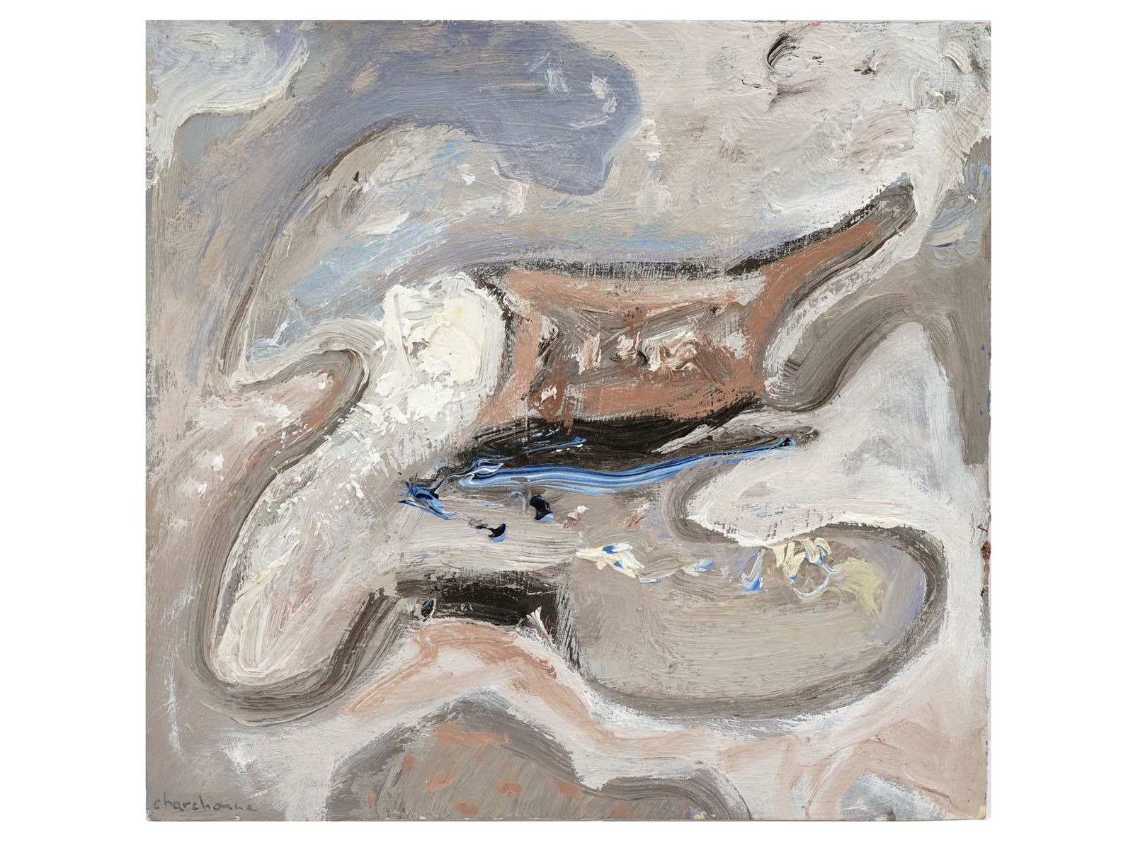 RUSSIAN FRENCH OIL PAINTING BY SERGE CHARCHOUNE: Serge Charchoune, Russian, French, 1888 to 1975, oil painting on board depicting an abstract composition. Signed lower left. Serge Charchoune is known for Abstract, cubist, and nonobjective painting.