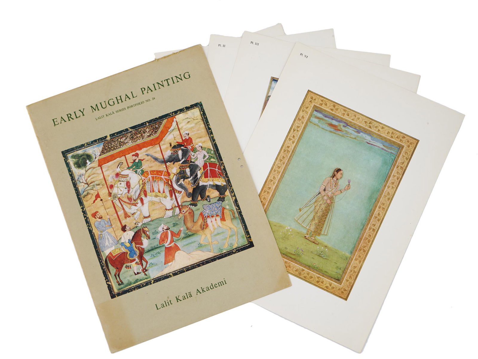 LALIT KALA EARLY MUCHAL PAINTING PORTFOLIO NO. 24: The Lalit Kala Early Mughal Painting series portfolio No. 24 published in 1981 by Lalit Kala Akademy, Bombay. A full set of 6 illustrations matted on a white stock paper comprising Plate 1 â€“ Th