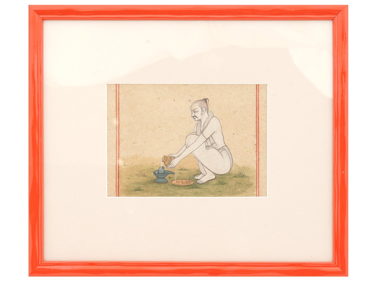 ANTIQUE INDO PERSIAN MUGHAL BATH SCENE PAINTING: An antique Indo Persian Mughal Art miniature gouache painting on antique leaf depicting a bathing scene with a male nude figure in bold colors and with fine details. Circa: late 18th century. Framed. 