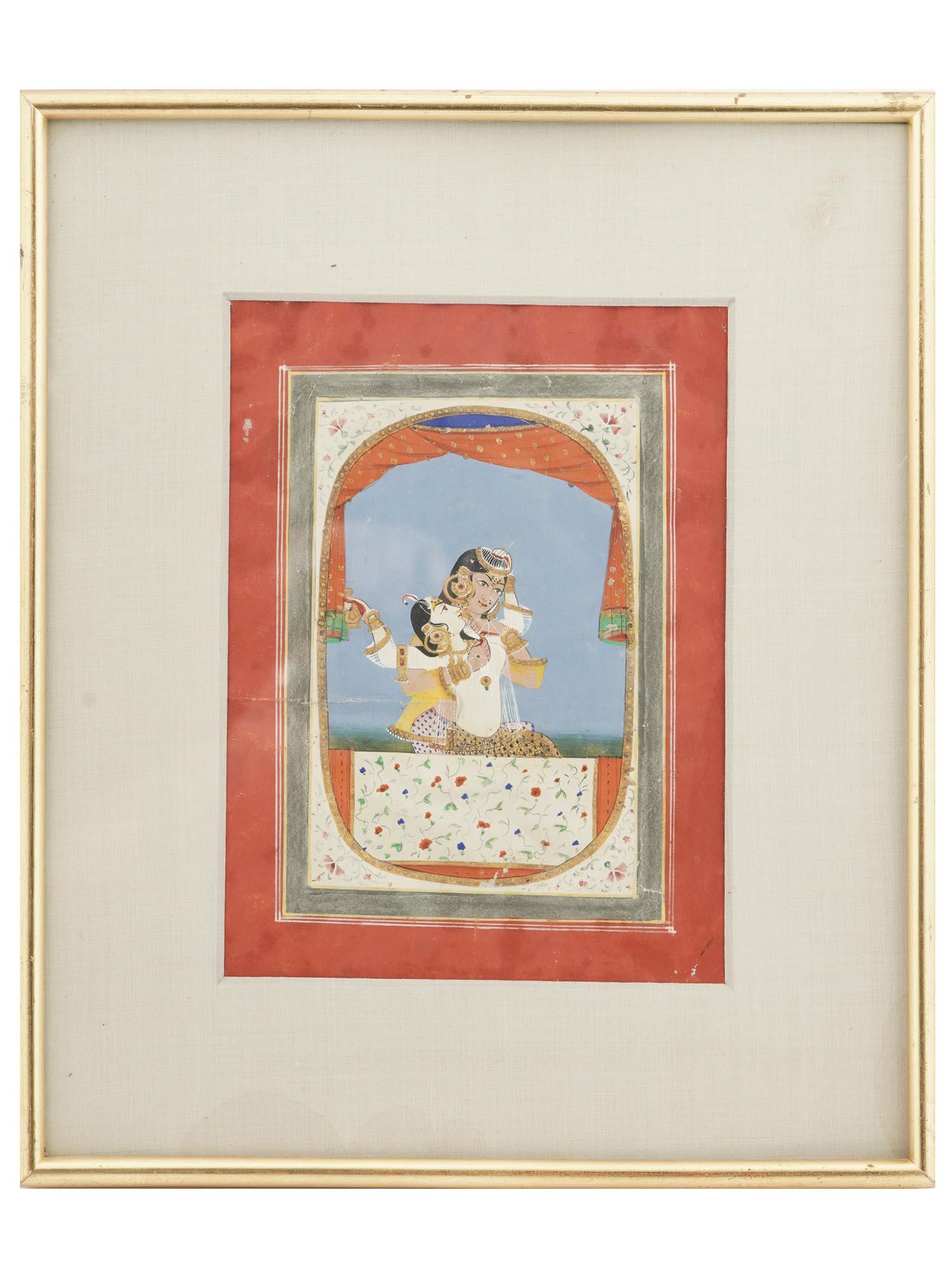 ANTIQUE INDO PERSIAN MUGHAL WINDOW SCENE PAINTING: An antique Indo Persian Mughal Art miniature gouache painting on antique leaf depicting an erotic scene with a couple in a window surrounded by a floral pattern in bold colors and with fine details. C