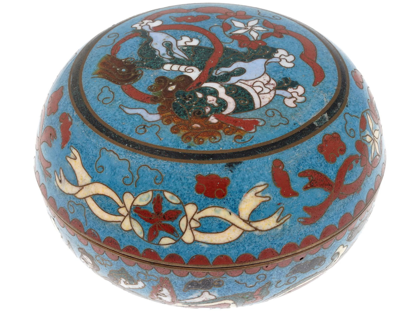 ANTIQUE MEIJI ERA CHINESE ENAMEL GOLD STONE BOX: An antique Chinese Meiji Era brass and enamel jewelry or trinket box. Circa: early 20th century. The box is enameled with a polychrome image of a dragon on a top of a lid, and butterflies, clouds, rib