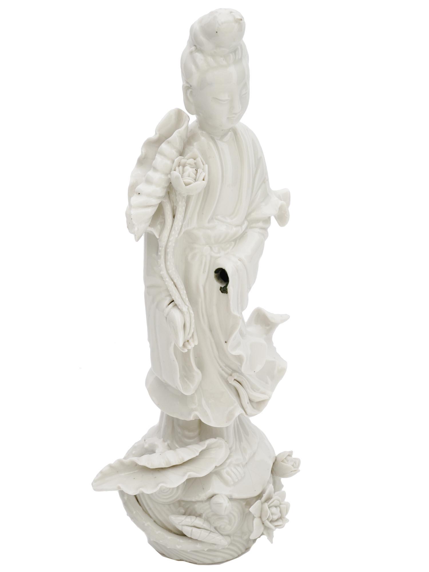 ANTIQUE BLANC DE CHINE PORCELAIN GUANYIN FIGURE: An antique Chinese, Late Qing dynasty, Blanc de Chine glazed porcelain sculpture. Circa: late 19th century. The artwork represents Guanyin, a character of Chinese, Vietnamese, Korean, and Japanese myt