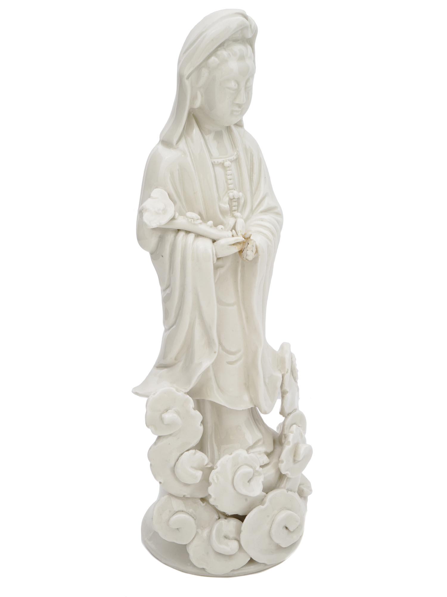 ANTIQUE BLANC DE CHINE PORCELAIN GUANYIN FIGURE: An antique Chinese, Late Qing dynasty, Blanc de Chine glazed porcelain sculpture. Circa: late 19th century. The artwork represents Guanyin, a character of Chinese, Vietnamese, Korean, and Japanese myt