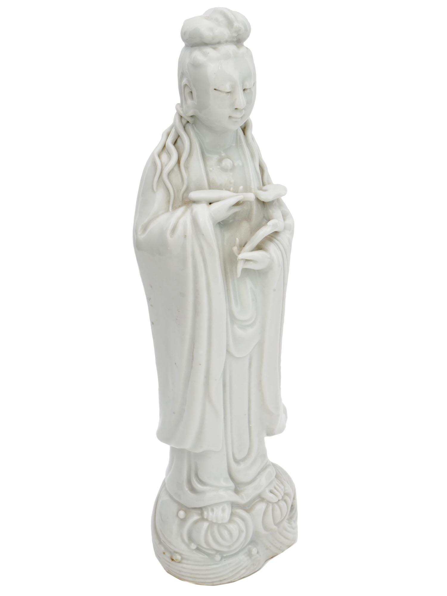 ANTIQUE BLANC DE CHINE PORCELAIN GUANYIN FIGURE: An antique Chinese, Late Qing dynasty, Blanc de Chine glazed porcelain sculpture. Circa: late 19th century. The artwork represents Guanyin, a character of Chinese, Vietnamese, Korean, and Japanese myt