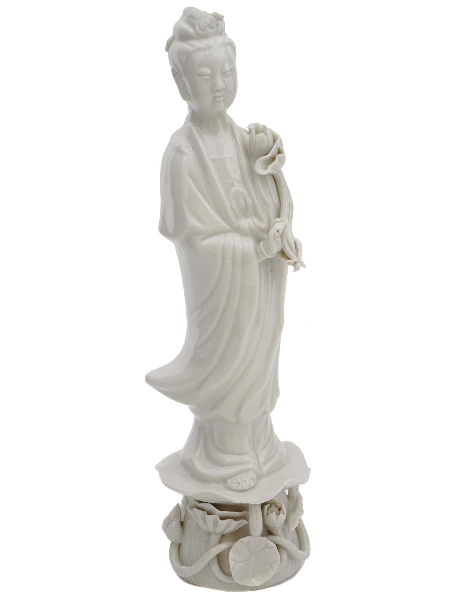 ANTIQUE BLANC DE CHINE PORCELAIN GUANYIN FIGURE: An antique Chinese, Late Qing dynasty, Blanc de Chine glazed porcelain sculpture. Circa: late 19th century. The artwork represents Guanyin, a character of Chinese, Vietnamese, Korean, and Japanese myt