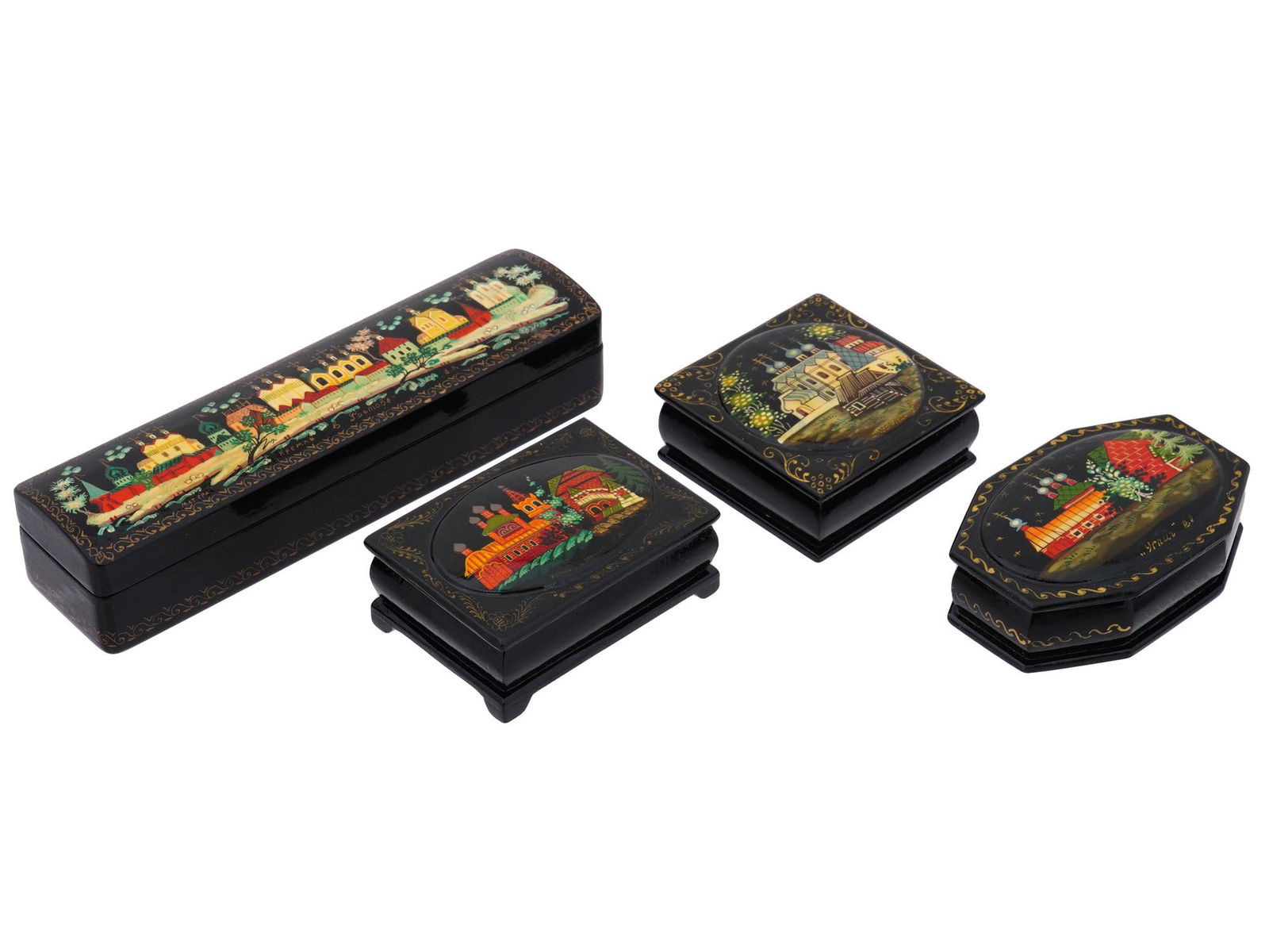 RUSSIAN LACQUER TRINKET BOXES WITH CITYSCAPES (1 of 10)