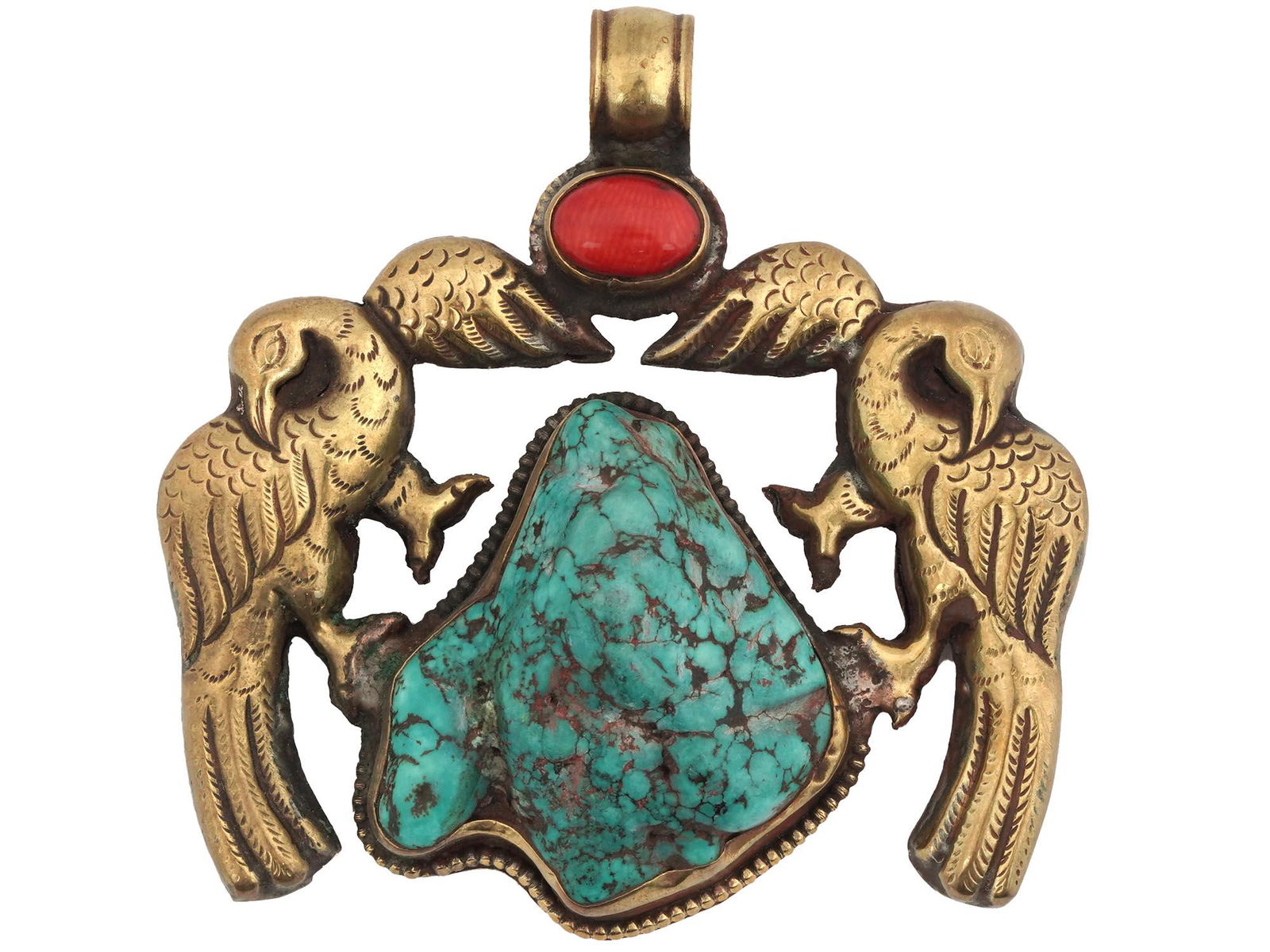 NEPALI GILT SILVER TURQUOISE CORAL BIRD PENDANT (1 of 4)