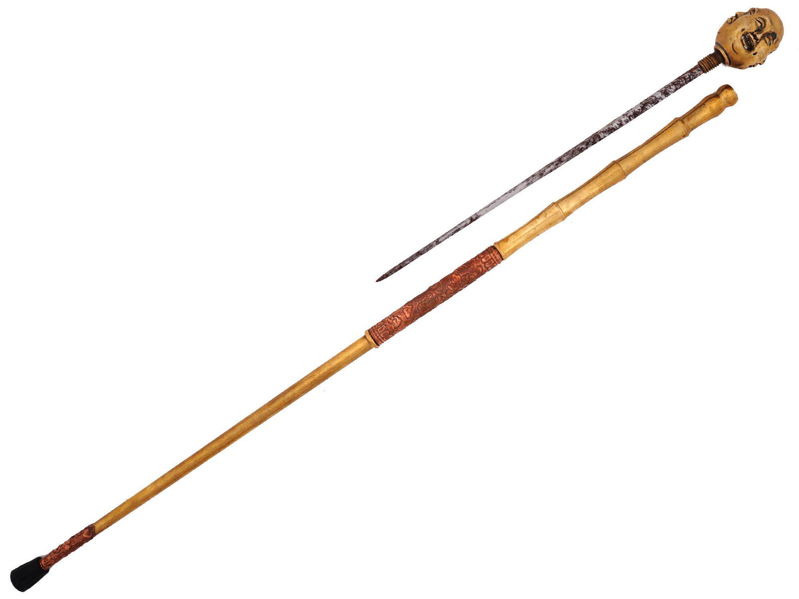 VINTAGE CHINESE FOUR FACE HEAD SWORD CANE (1 of 6)