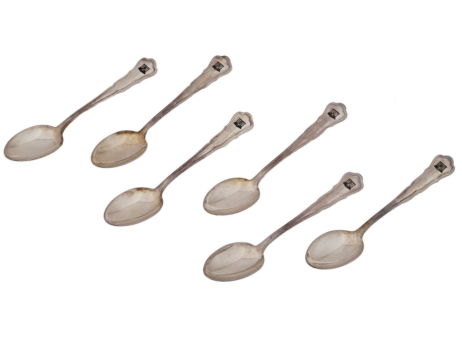 SET OF 6 WWII GERMAN REICH CHANCELLERY TABLE SPOONS: A set of six WWII Nazi German silver plated spoons from a canteen of the Reich Chancellery featuring Reich Chancellery logos on the handles depicting an engraved emblem with an eagle with spread wings