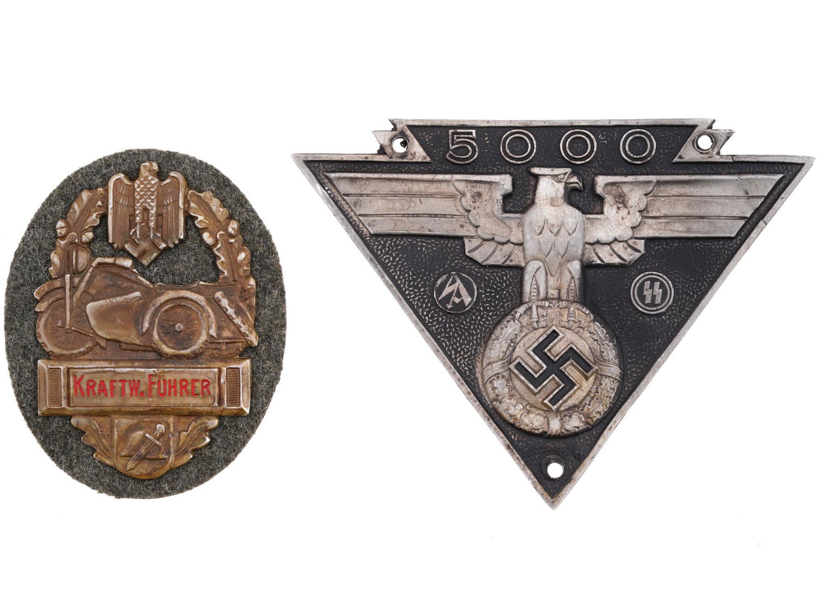 WWII GERMAN THIRD REICH SS SA BIKER AWARD SHIELDS: A set of two WWII Nazi German Third Reich shields. The set includes an Army Heer Kraftw Fuhrer Motorcycle shield with a profile of a motorcycle with side care in the center with a dagger and a German