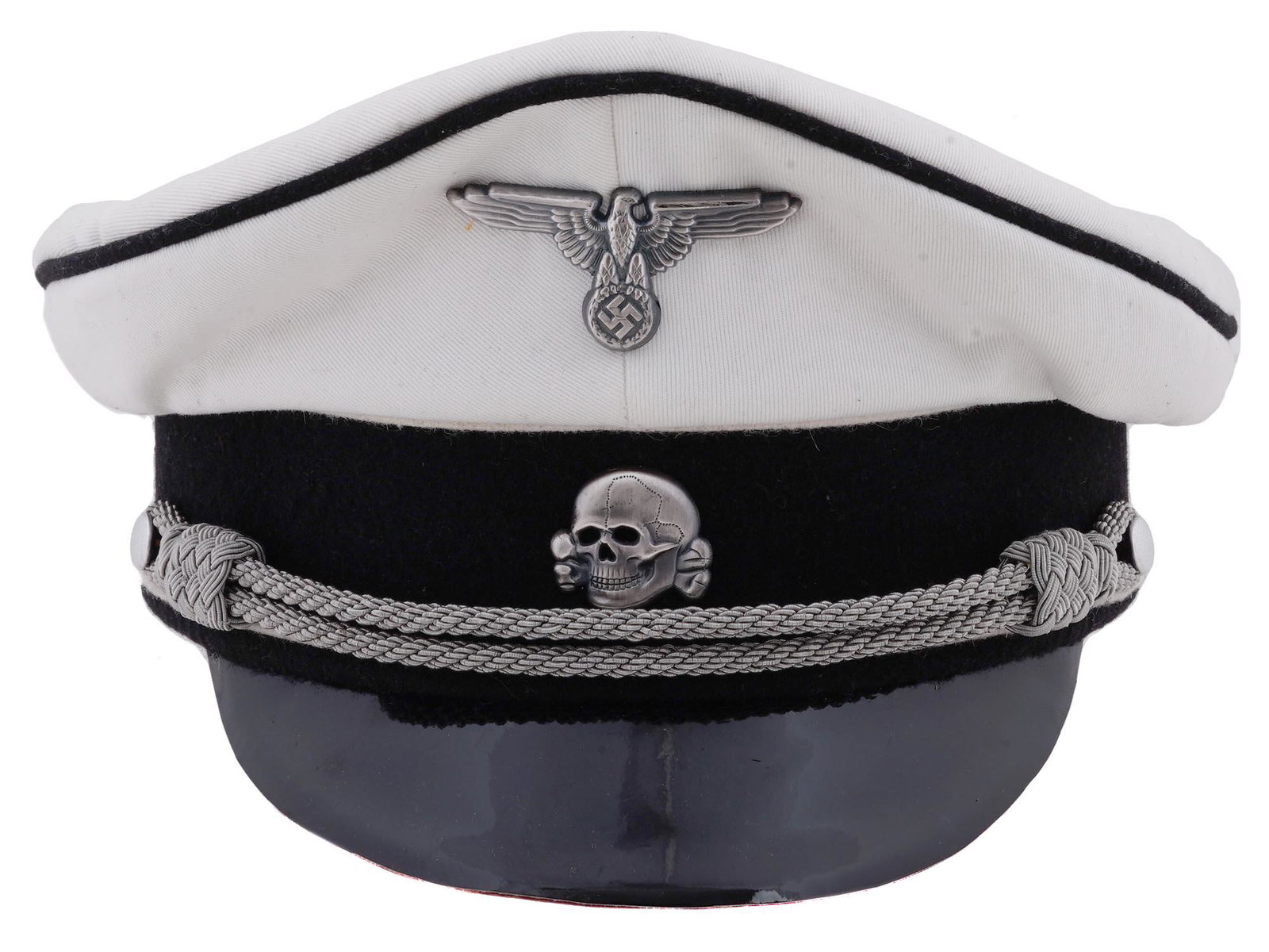 GERMAN WWII ALLGEMEINE SS OFFICERS VISOR HAT: A WWII Nazi German Allgemeine Waffen SS officer white visor cap featuring white wool tops with white piping, black velvet cap bands, silver bullion chin cords and pebbled silver buttons. Bears an alum