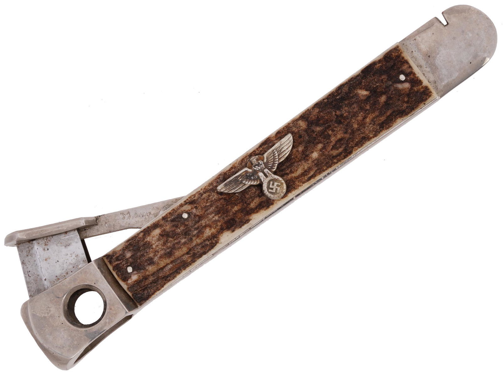 GERMAN WWII NSDAP OFFICIALS SOLINGEN CIGAR CUTTER: A World War II German NSDAP officials cigar cutter. Stainless steel, imitation wood, Reichsadler with swastika overlay. NSDAP is a German abbreviation for the Nazi Party, a far-right political party i