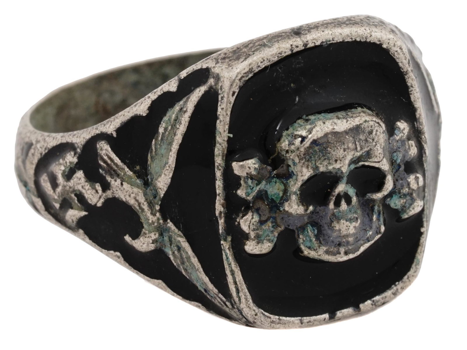 GERMAN WWII TOTENKOPF SILVER ENAMELED RING: A WWII Nazi German Third Reich Totenkopf division officer silver enameled ring. The ring is adorned with a skull Totenkopf swastika insignia to the center, and a Nazi eagle with a swastika insignia on