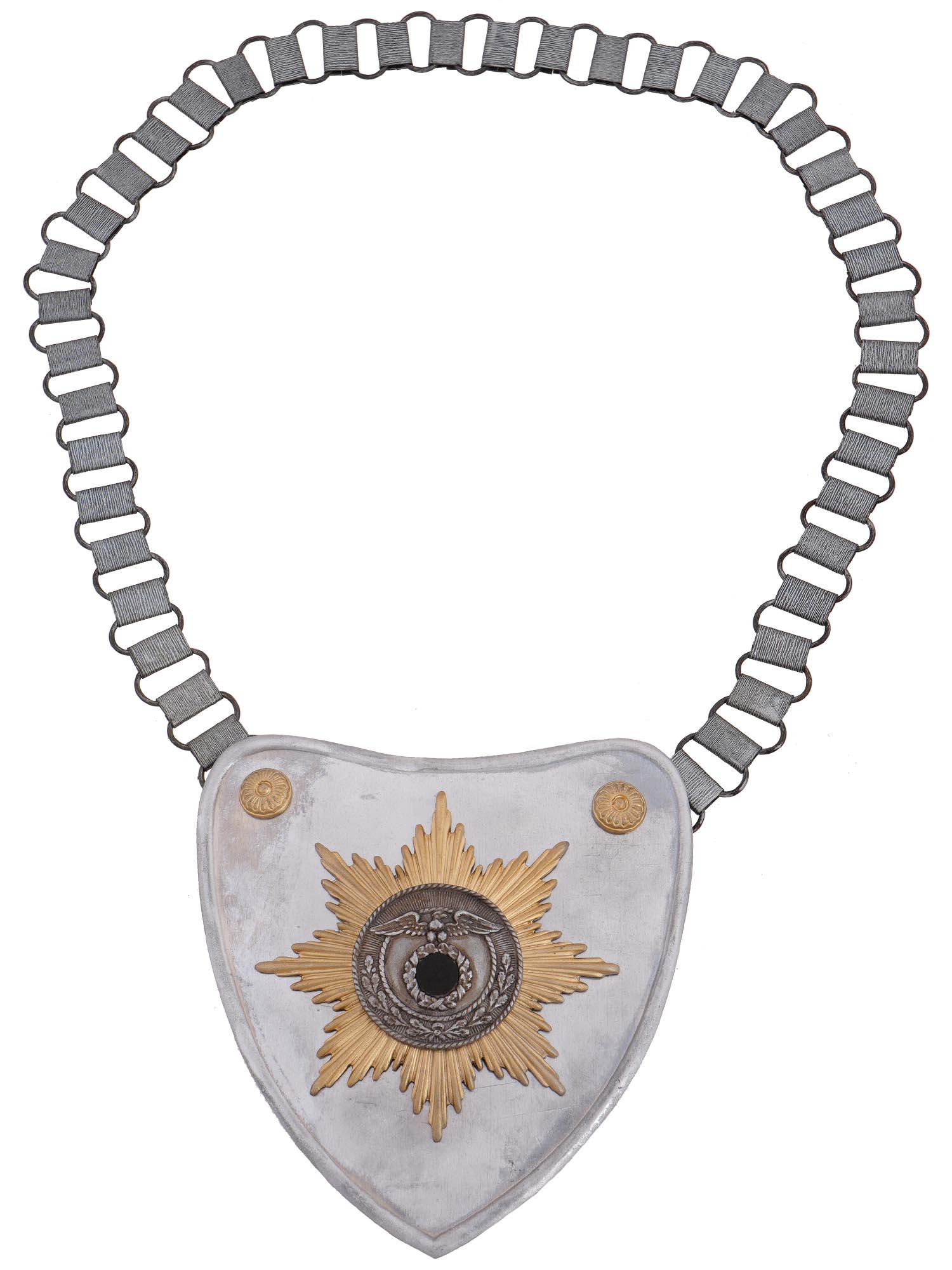 GERMAN SA FLAG BEARER GORGET WITH CHAIN: A WWII Nazi German stamped brass construction heart shaped gorget featuring a large tombak eight point sunburst pattern plate affixed to the center with a silver plated circular plate superimposed to