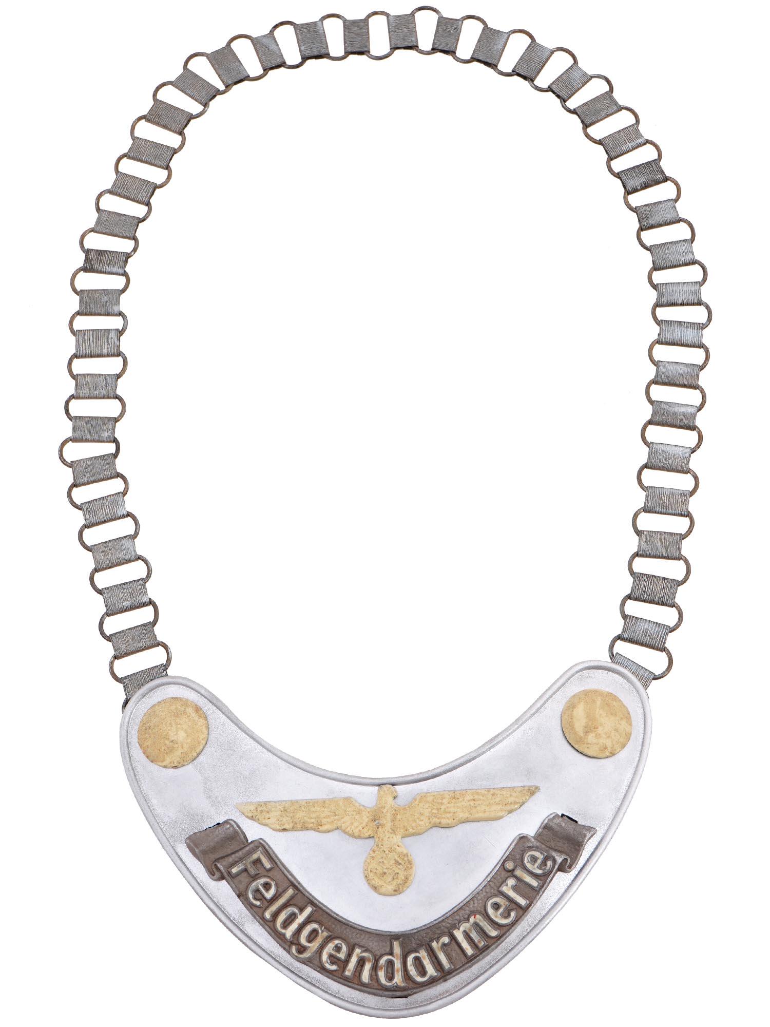 GERMAN WWII ARMY FIELD ZHANDARM GORGET WITH CHAIN: A WWII Nazi German Army Military Field Police Feldgendarmerie gorget of a die stamped steel construction aluminum coated, while the army eagle and buttons are painted with radium paint. The lettering