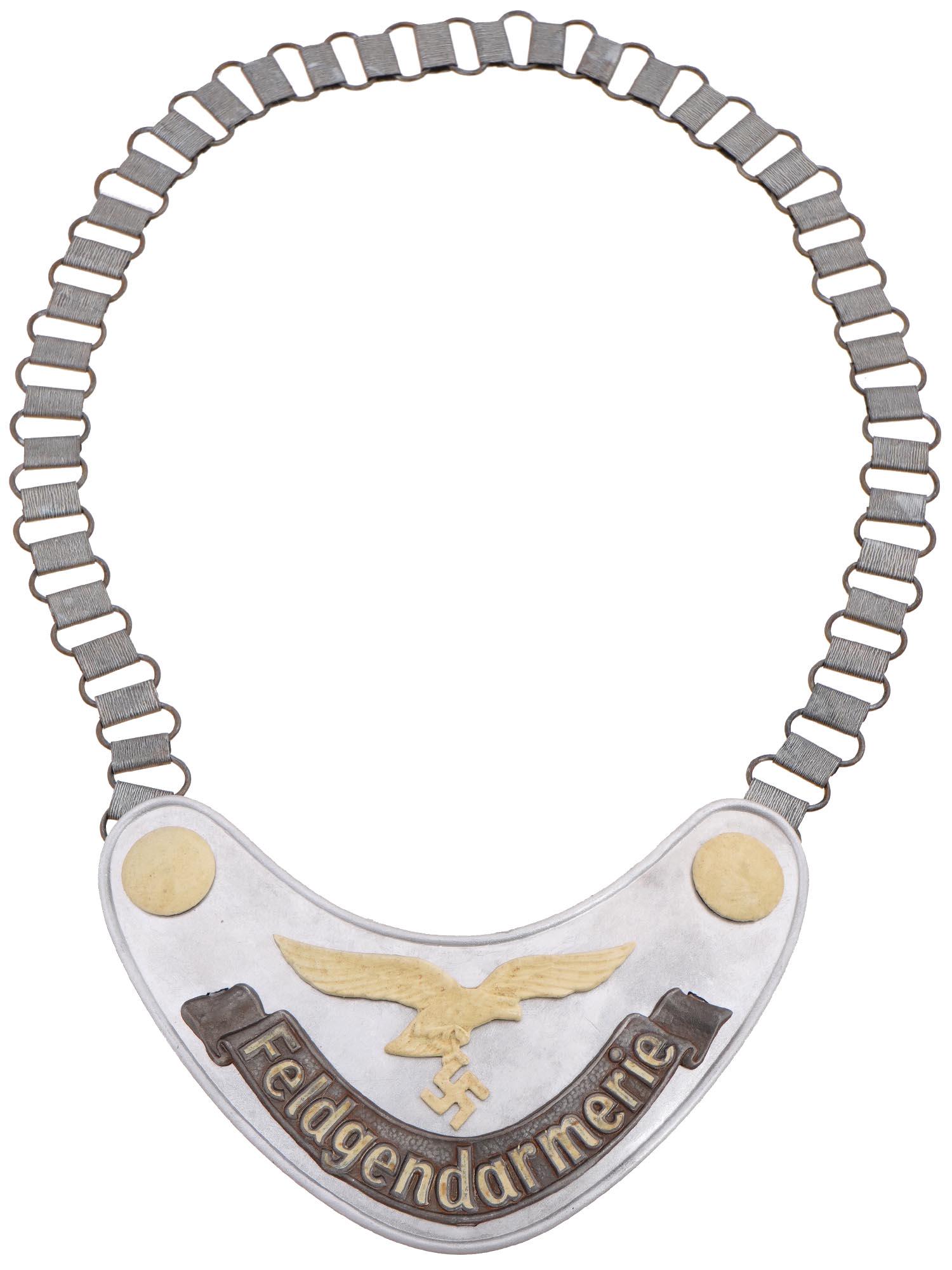 GERMAN WWII LUFTWAFFE FIELD ZHANDARM GORGET WITH CHAIN: A WWII Nazi German Luftwaffe Military Field Police Feldgendarmerie gorget. The gorget is made of die stamped steel construction aluminum coated. The Luftwaffe eagle with a swastika and buttons are pai