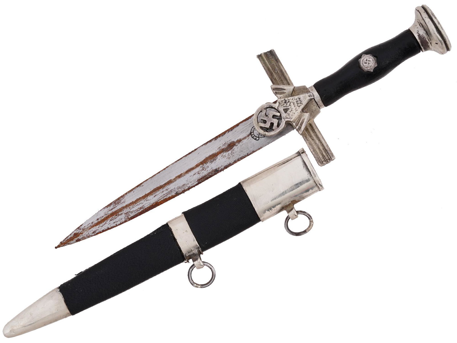 GERMAN WWII RLB MINIATURE DAGGER: A rare miniature WWII Nazi German Third Reich RLB dagger. A typical style dagger with steel blade, nickel crossguard, and black painted grip. Crossguard features an eagle head design housing a swastik