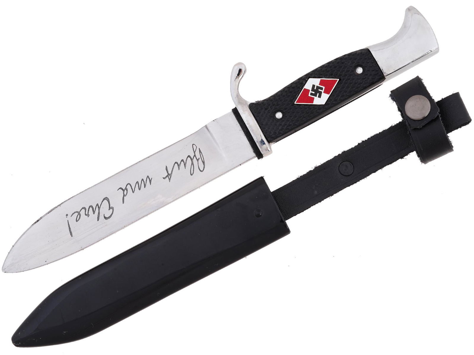 GERMAN WWII HITLER YOUTH DAGGER BY ANTON WINGEN SOLINGEN: WWII German Third Reich Hitler Youth member dagger with a black painted magnetic sheet steel scabbard. The black bakelite grip has an enameled diamond with a swastika inlay. The blade is engraved with