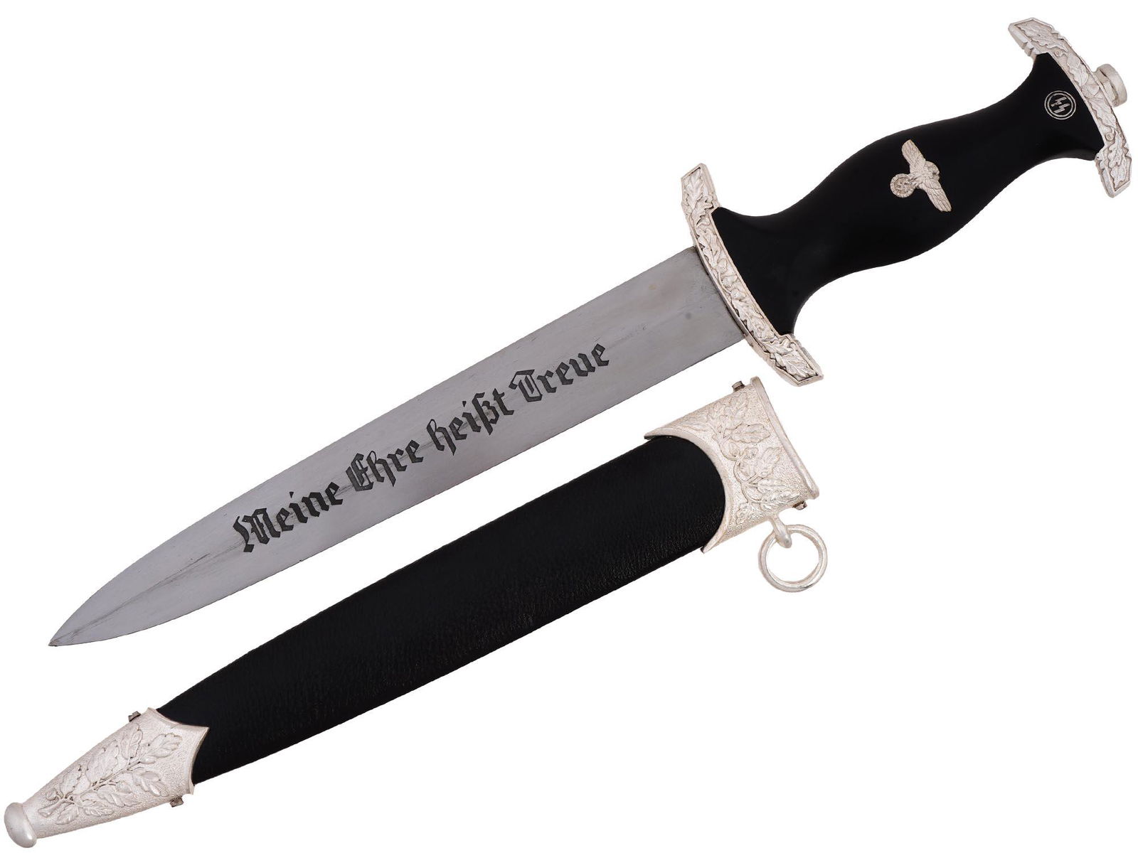 GERMAN WWII SS HONOR DAGGER BY EICKHORN. SOLINGEN: A World War II Nazi German SS Ehrendolch, or honor dagger. The stainless steel blade is garnished with etching, the motto Meine Ehre Heisst Treue, Loyalty is My Honour, on the recto side, inscription