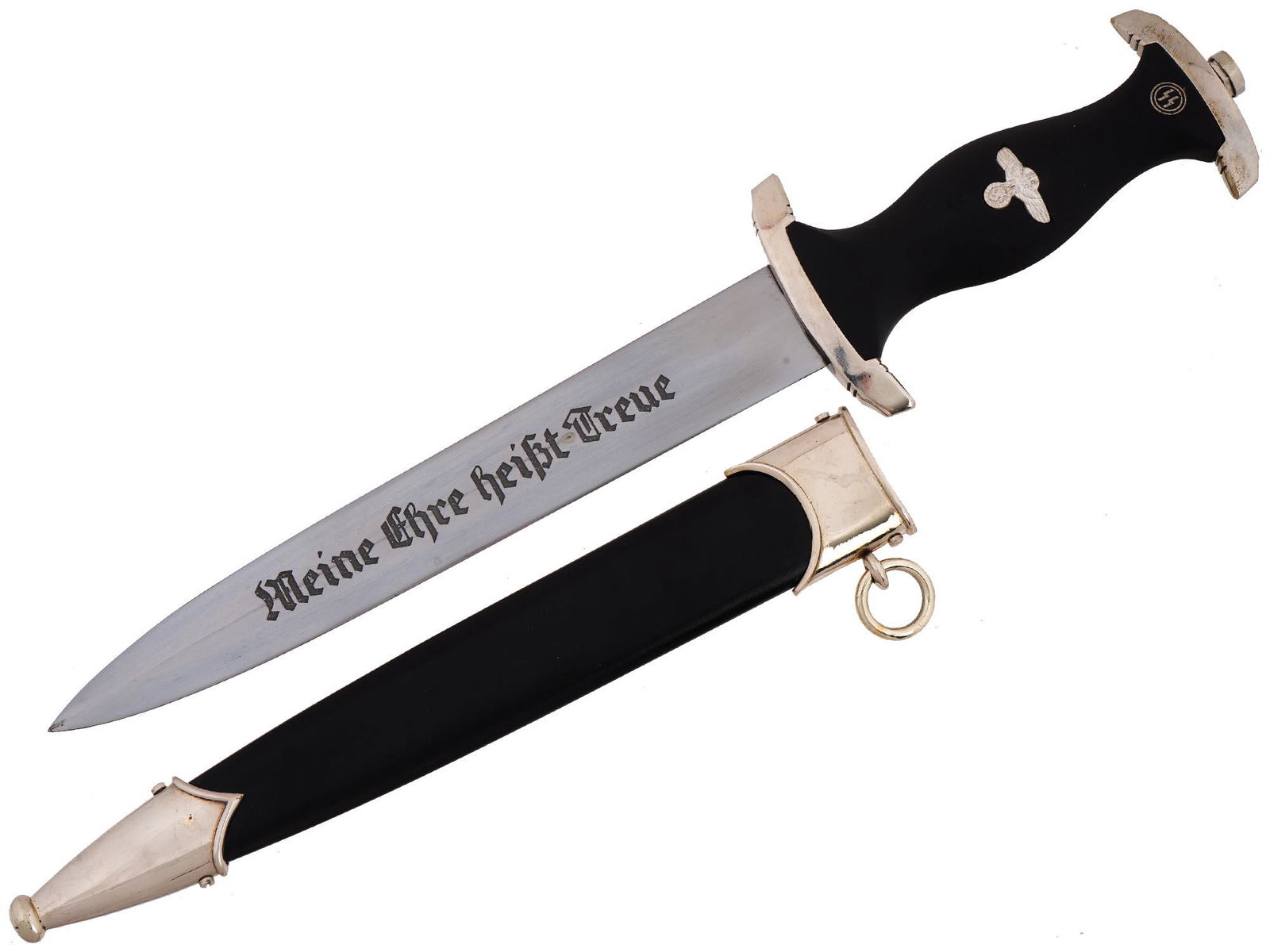 GERMAN WWII SS DAGGER BY BOKER. SOLINGEN: A WWII Nazi German Waffen SS dagger featuring a silver plated nickel blade with the engraving in German which reads My Honor Is Loyalty. The ricasso holds the Boker, Solingen makers mark within the co