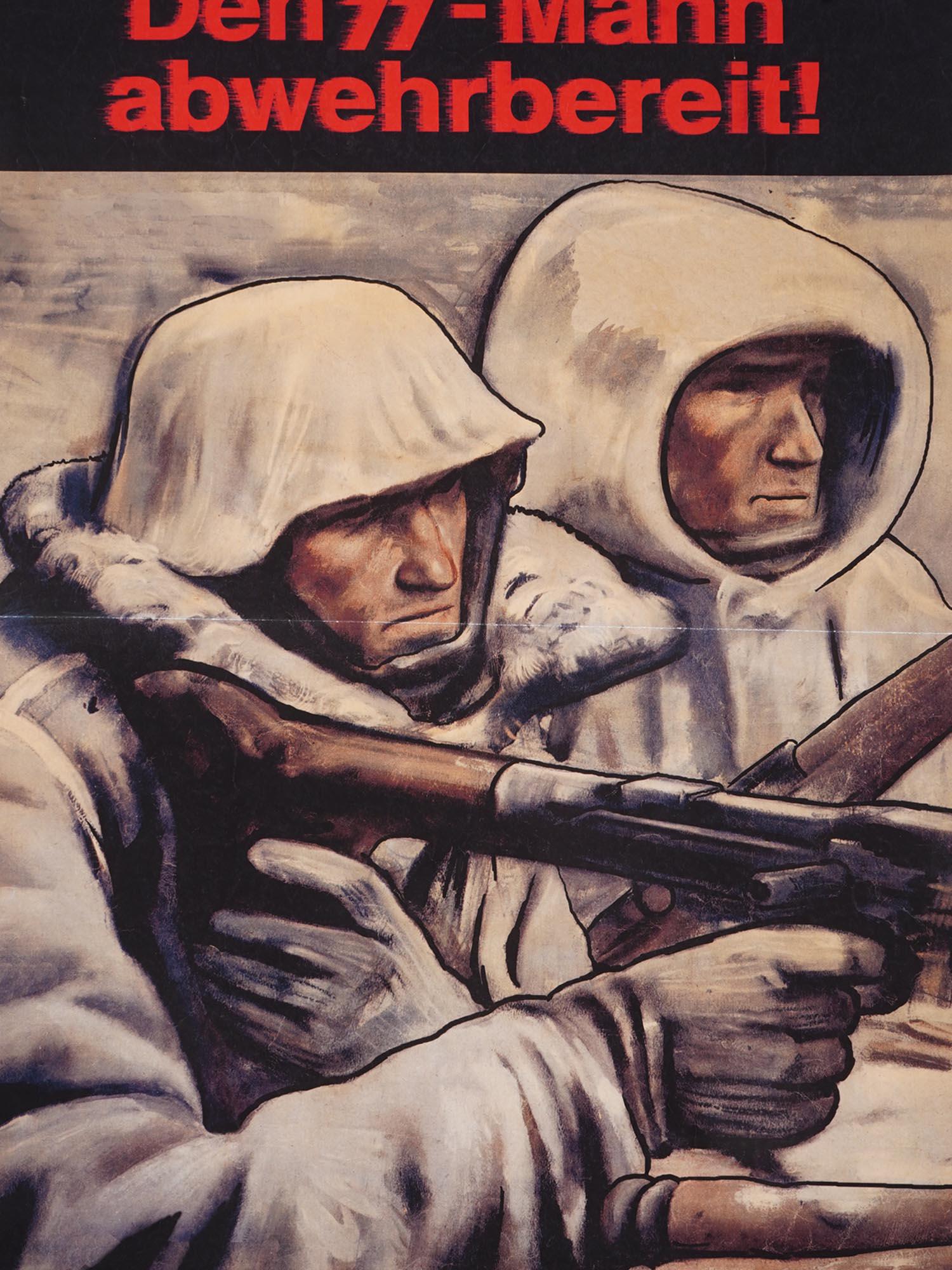 GERMAN WWII WAFFEN SS PROPAGANDA POSTER: A WWII Nazi German Waffen SS poster showcasing two soldiers in winter dress. The lettering reads: The SS men are ready to defend! Second World War Nazi German Propaganda Posters For Collectors. propag