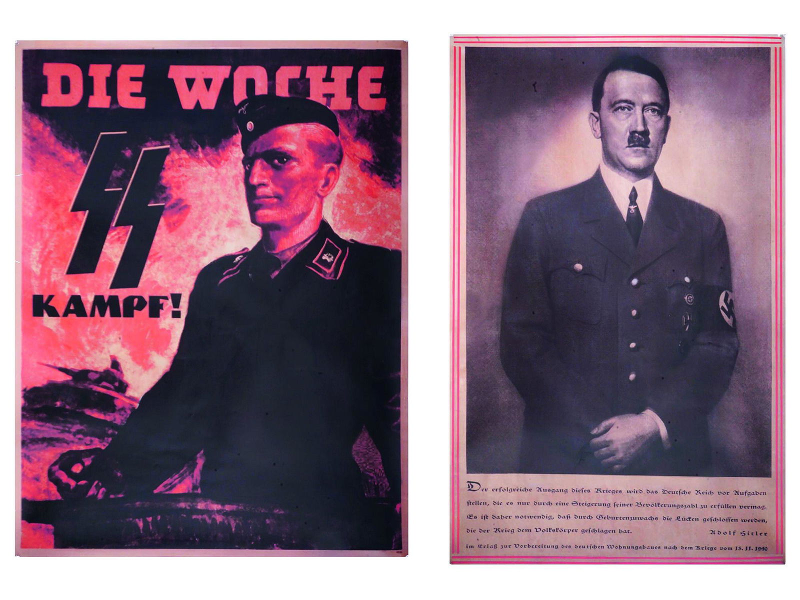 TWO PRINTS OF WWII NAZI GERMAN PROPAGANDA POSTERS: The lot includes a German World War II promotional poster titled, Die Woche Kampf, translated as The Week of Combat and showing German Nazi soldiers in a battle. And a poster depicting Adolf Hitler wi