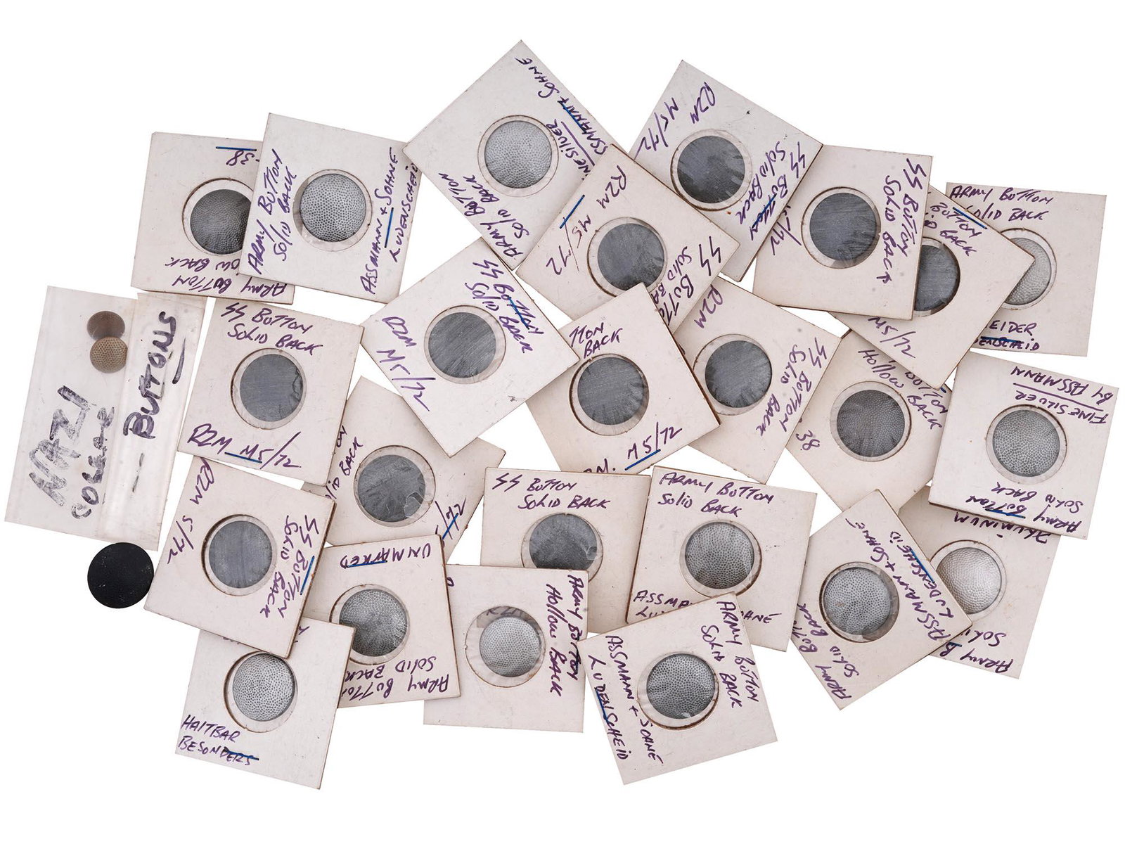 WWII NAZI GERMAN SS AND MILITARY COLLAR BUTTONS: A lot of World War II German collar buttons of the SS and Wehrmacht uniform. A total of 44 items, each piece comes in a cardboard wrapping with a hand-written specification. The buttons are marked on 