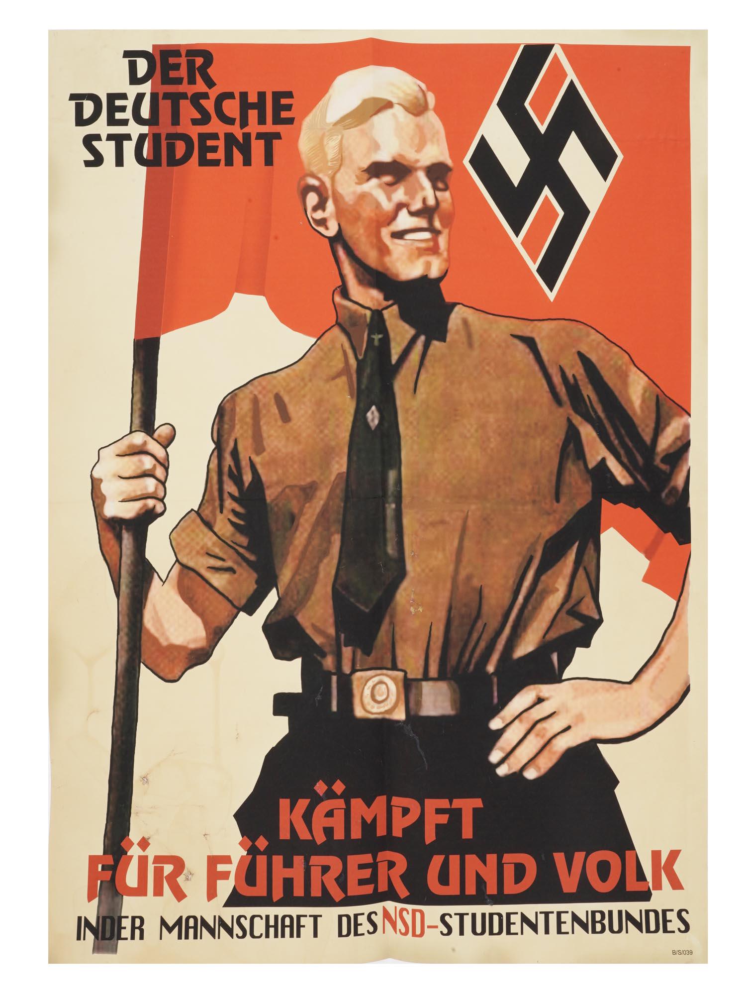WWII GERMAN THIRD REICH SOCIALIST STUDENT POSTER: A WWII Nazi German Third Reich lithographic propaganda poster on paper, Der Deutsche Student Kampf fur Fuhrer und Volk in der Mannschaft des NSD Studentenbundes, propaganda poster by Ludwig Hohlwein 1