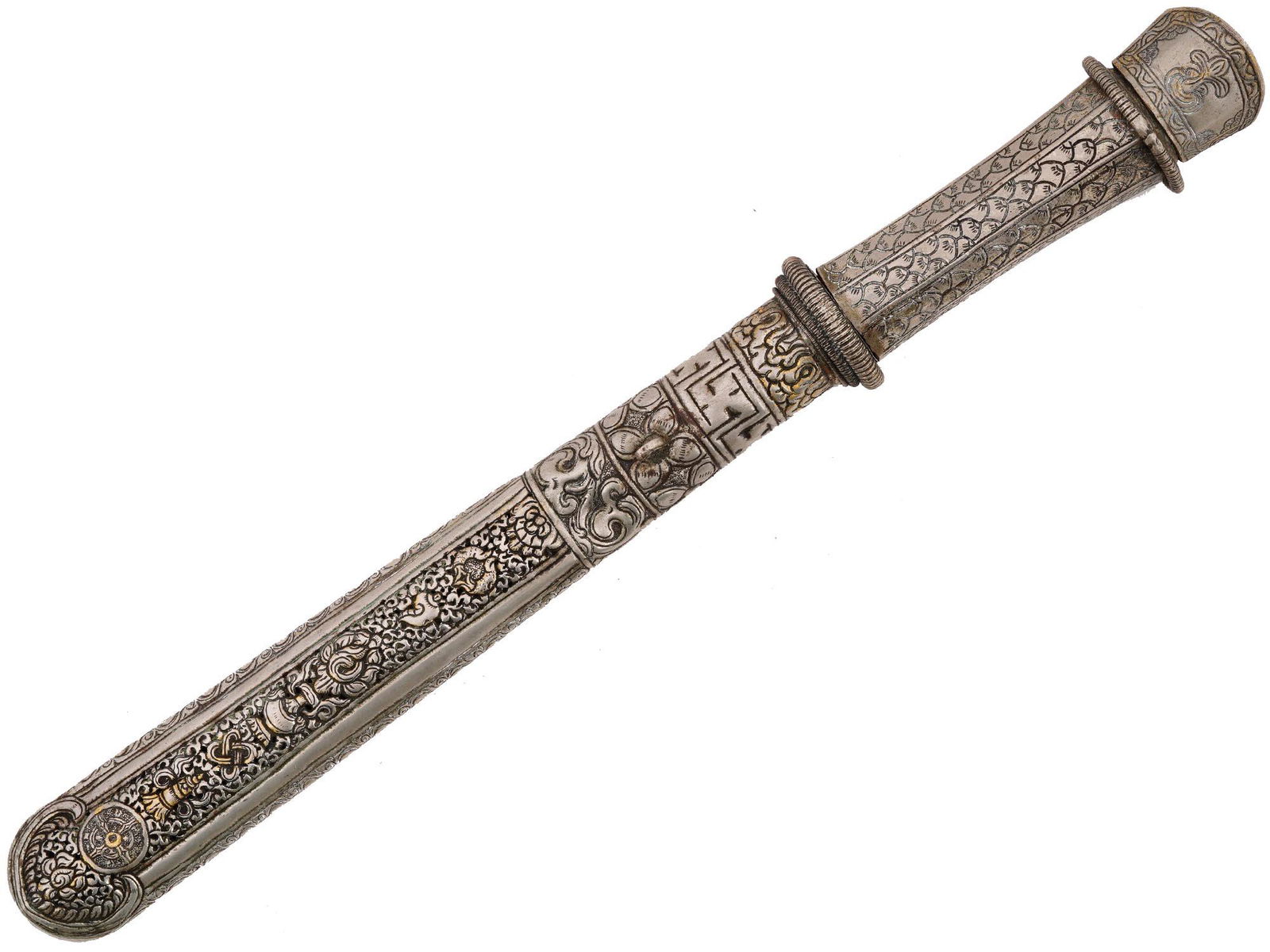 ANTIQUE 19TH C TIBETAN OR BHUTANESE DAGGER W SCABBARD (1 of 4)