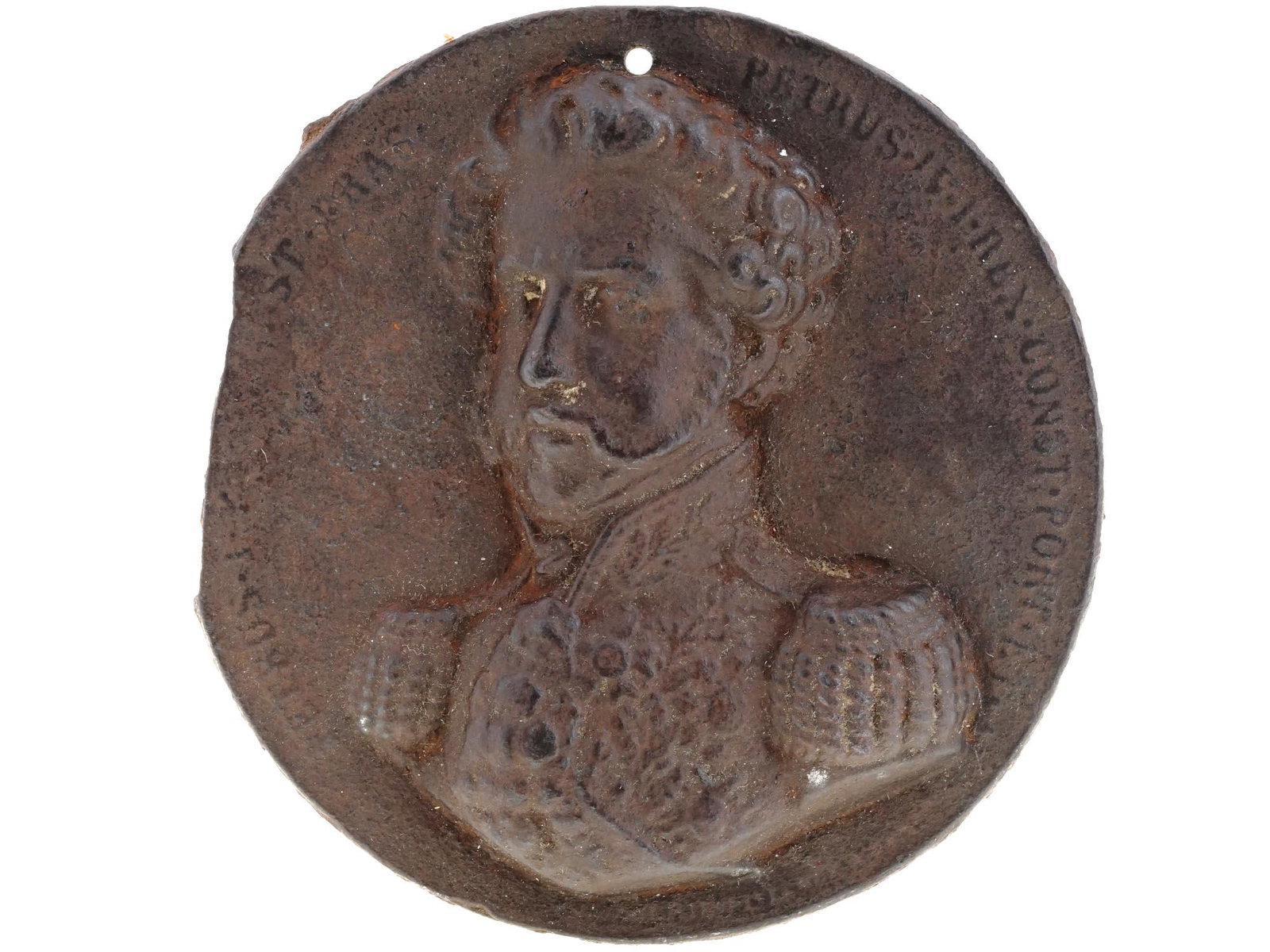 ANTIQUE PORTUGUES DOM PEDRO IV CAST IRON MEDAL: An antique Portugues cast iron medal depicting the relief portrait Dom Pedro I, 1798 to 1834, also known as the Liberator, was the founder and first ruler of the Empire of Brazil. As King Dom Pedro IV