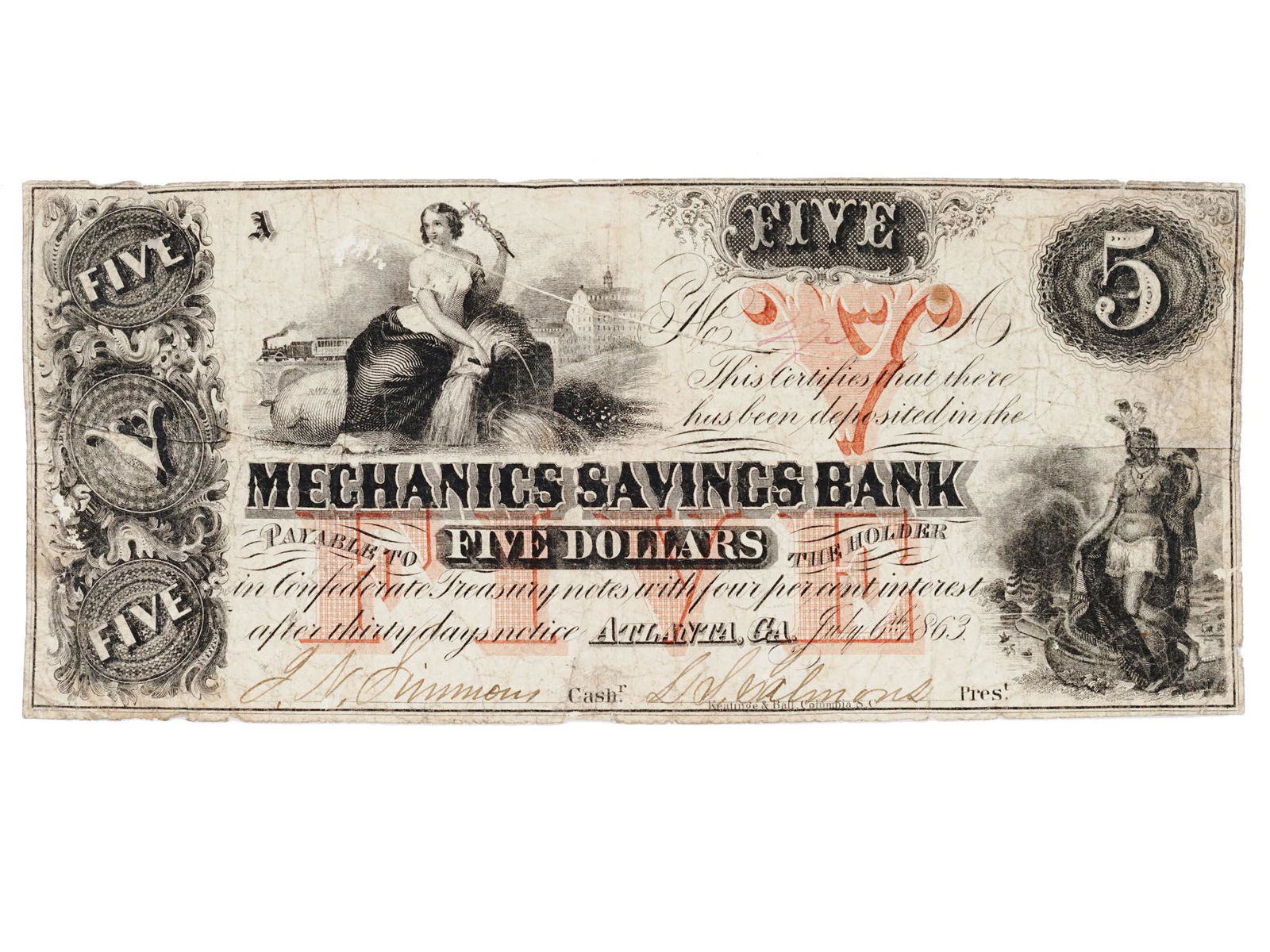 1863 AMERICAN MECHANICS SAVINGS BANK FIVE DOLLAR NOTE (1 of 4)