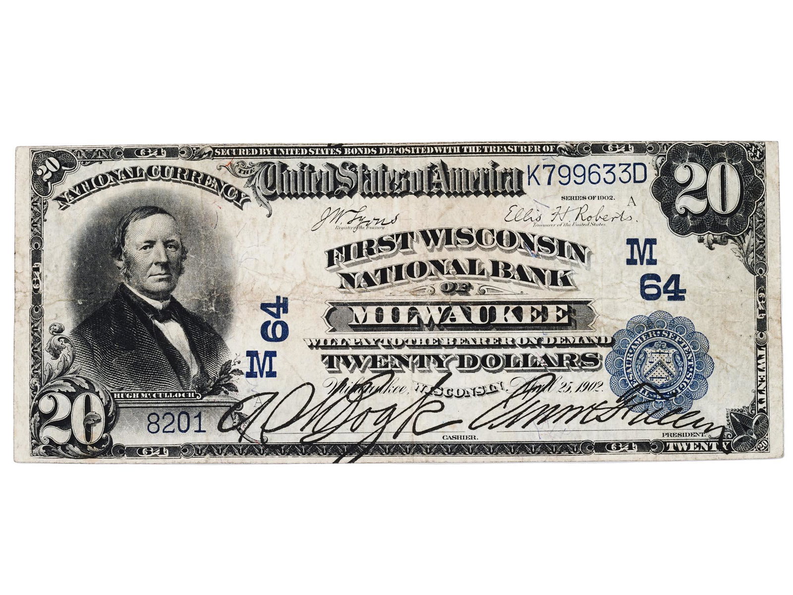 1902 AMERICAN 20 DOLLAR WISCONSIN NATIONAL BANK BANKNOTE: An antique 1902 American 20 dollars banknote issued by the First Wisconsin National Bank of Milwaukee from the series of 1902 featuring the portrait of Hugh McCulloch, an American financier who played