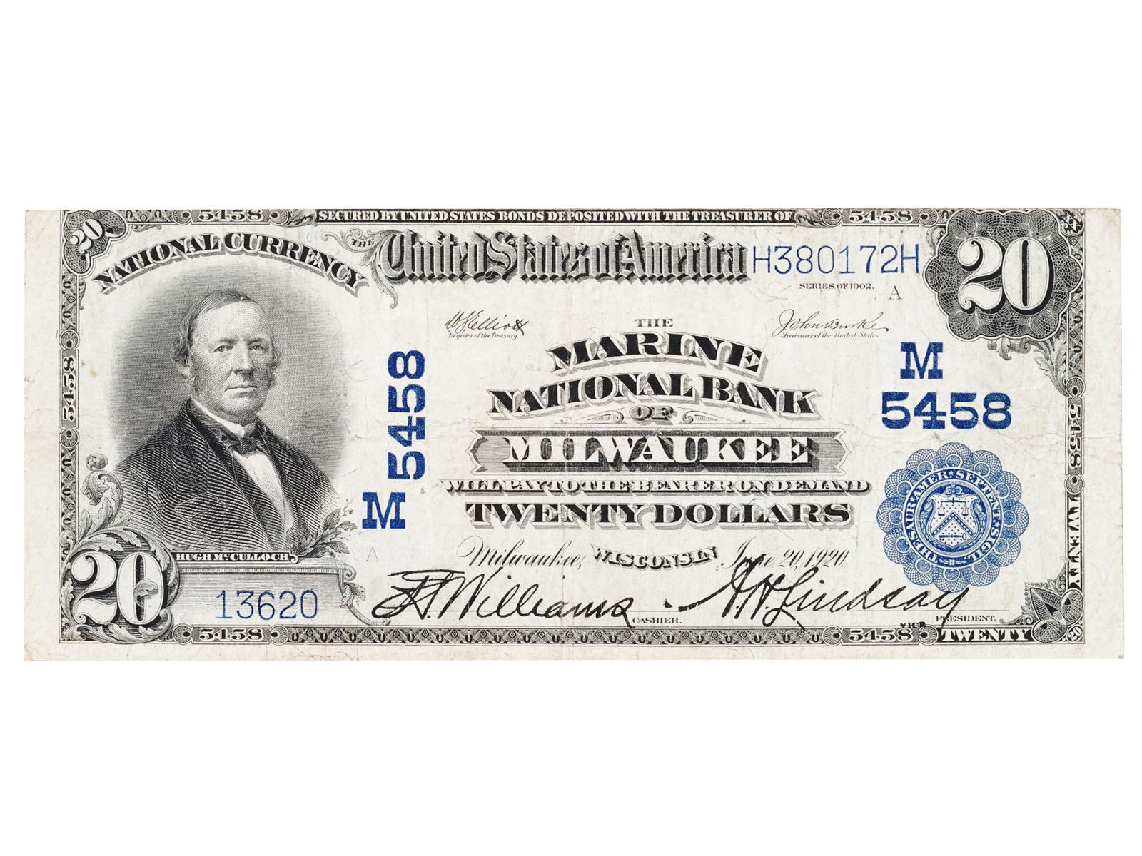1902 AMERICAN 20 DOLLAR BANKNOTE MARINE NATIONAL BANK (1 of 4)