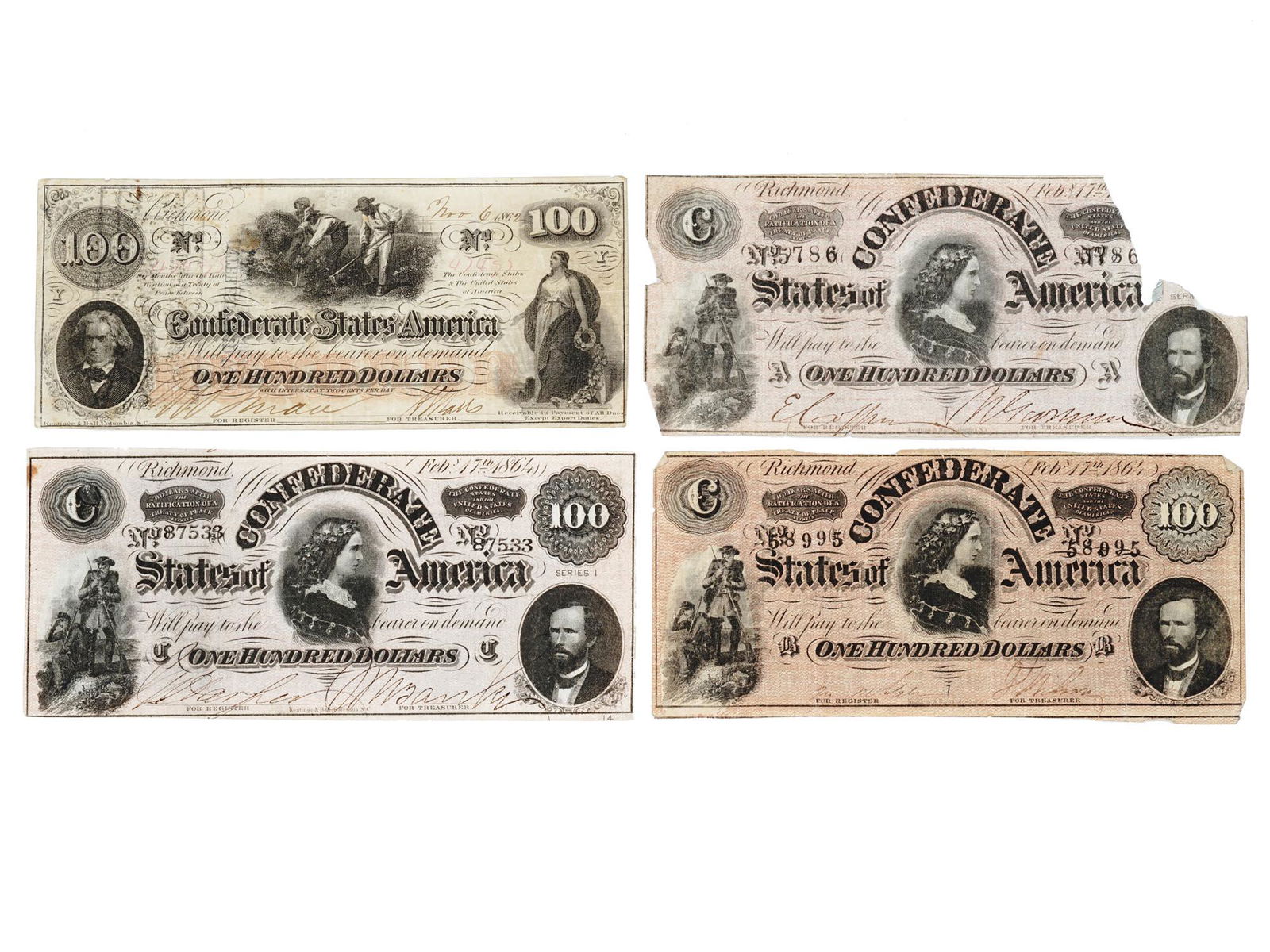 CIVIL WAR CONFEDERATE CURRENCY 100 DOLLARS NOTES (1 of 5)