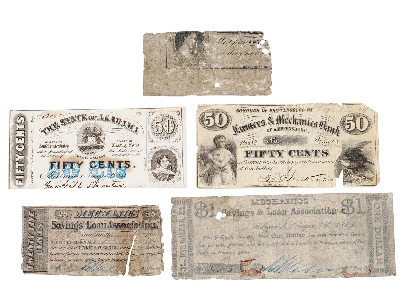 ANTIQUE US STATE OF ALABAMA AND MECHANICS BANKNOTES: A collection of antique American currency bills including a 50 cents banknote issued by the State of Alabama, a 50 cents banknote issued by the Farmers and Mechanics Bank, 25 cents, 50 cents and 1 dol