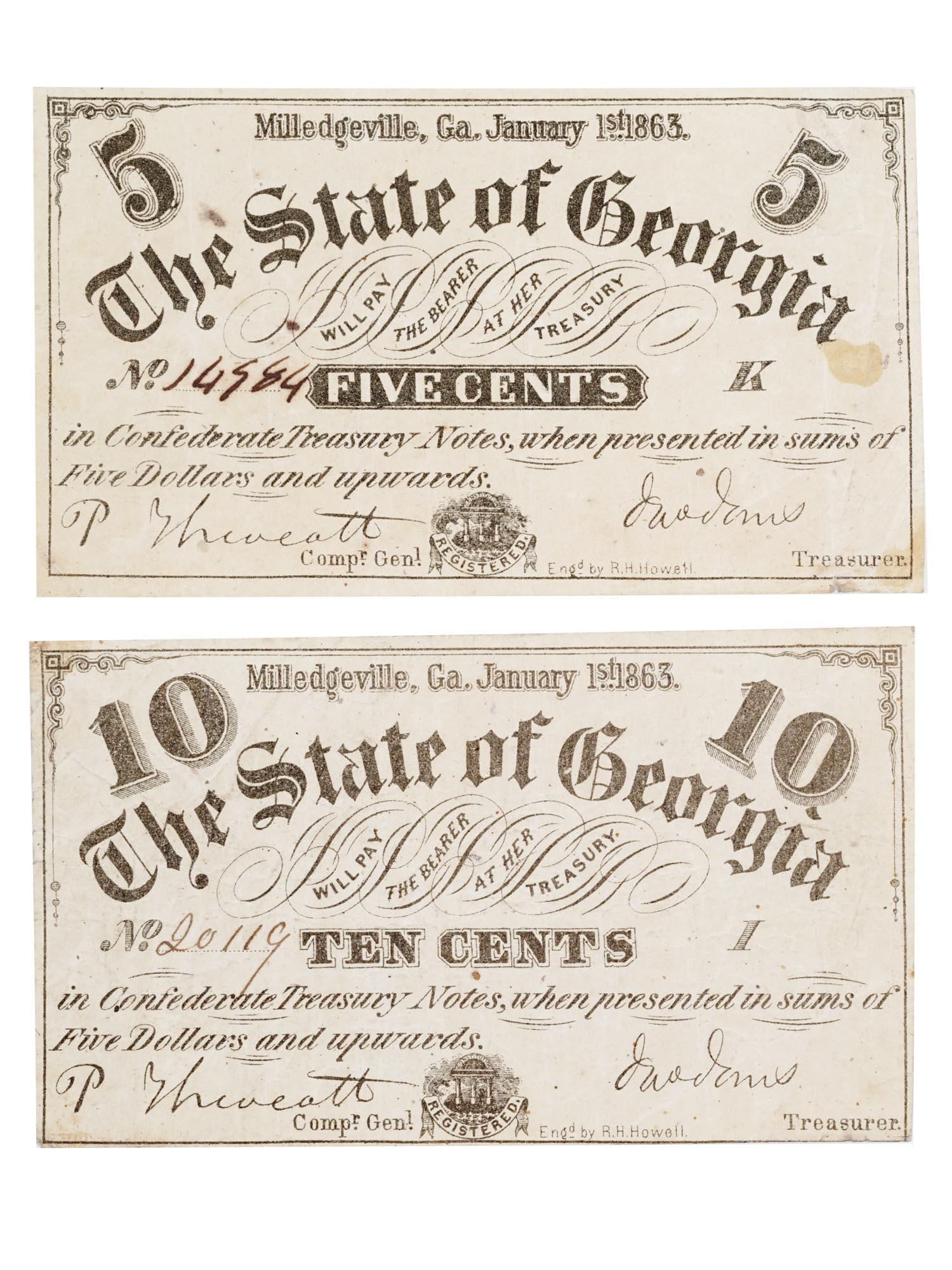 ANTIQUE US STATE GEORGIA CONFEDERATION TREASURY NOTES: Two antique American banknotes from the State of Georgia, known as the Confederation Treasury notes, with the denominations of 5 and 10 cents. The State of Georgia Confederation Treasury Notes were is