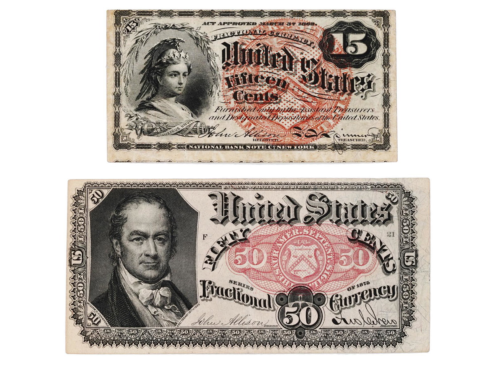 ANTIQUE AMERICAN FRACTIONAL CURRENCY BANKNOTES: Two rare antique American fractional currency banknotes. Fractional Currency, introduced during the Civil War era, represented a unique and temporary solution to the shortage of coins in circulation. 
