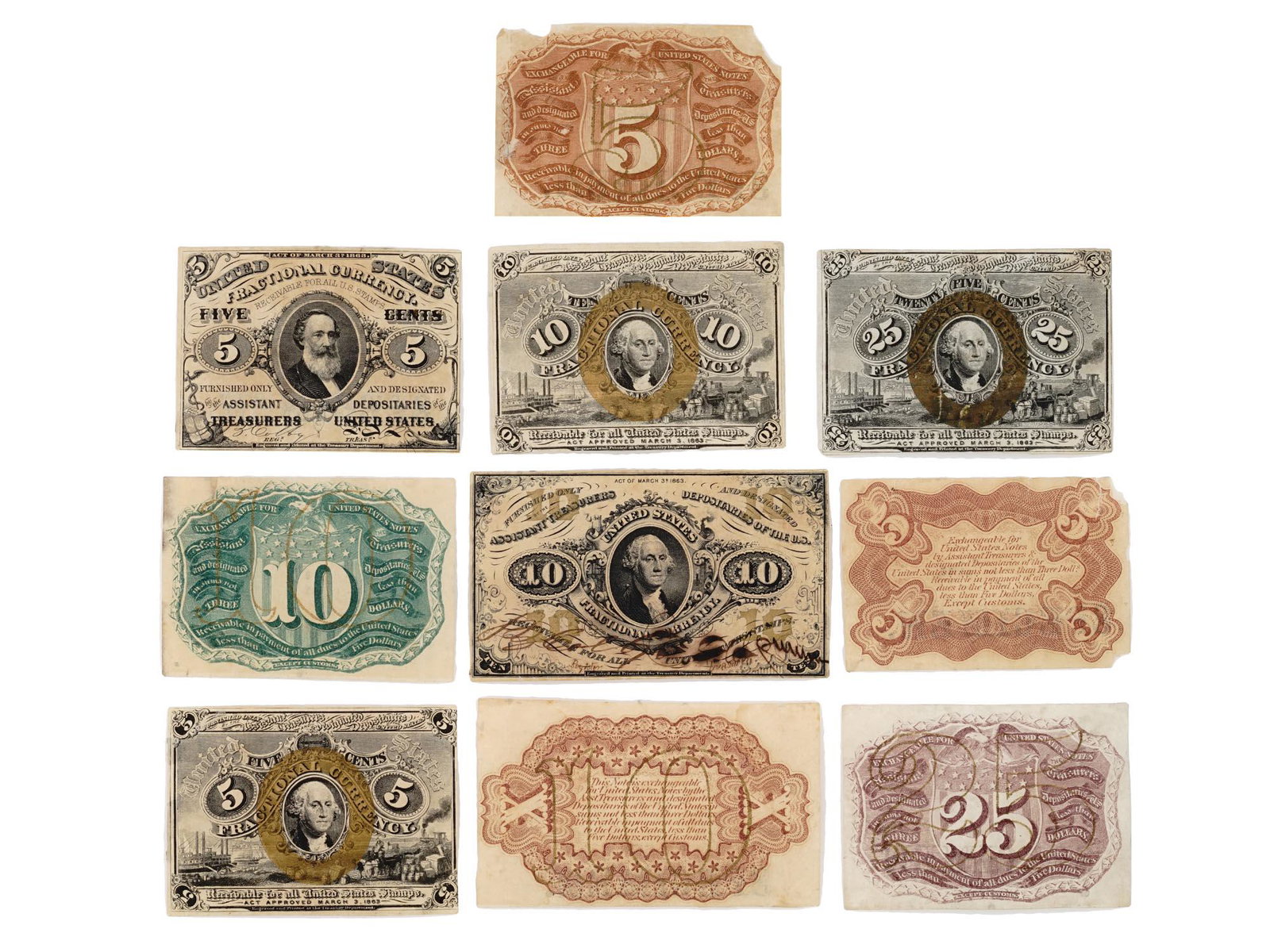 ANTIQUE AMERICAN FRACTIONAL CURRENCY SPECIMEN BANKNOTES: A collection of 5 rare antique American fractional currency specimen banknotes. Fractional Currency, introduced during the Civil War era, represented a unique and temporary solution to the shortage of