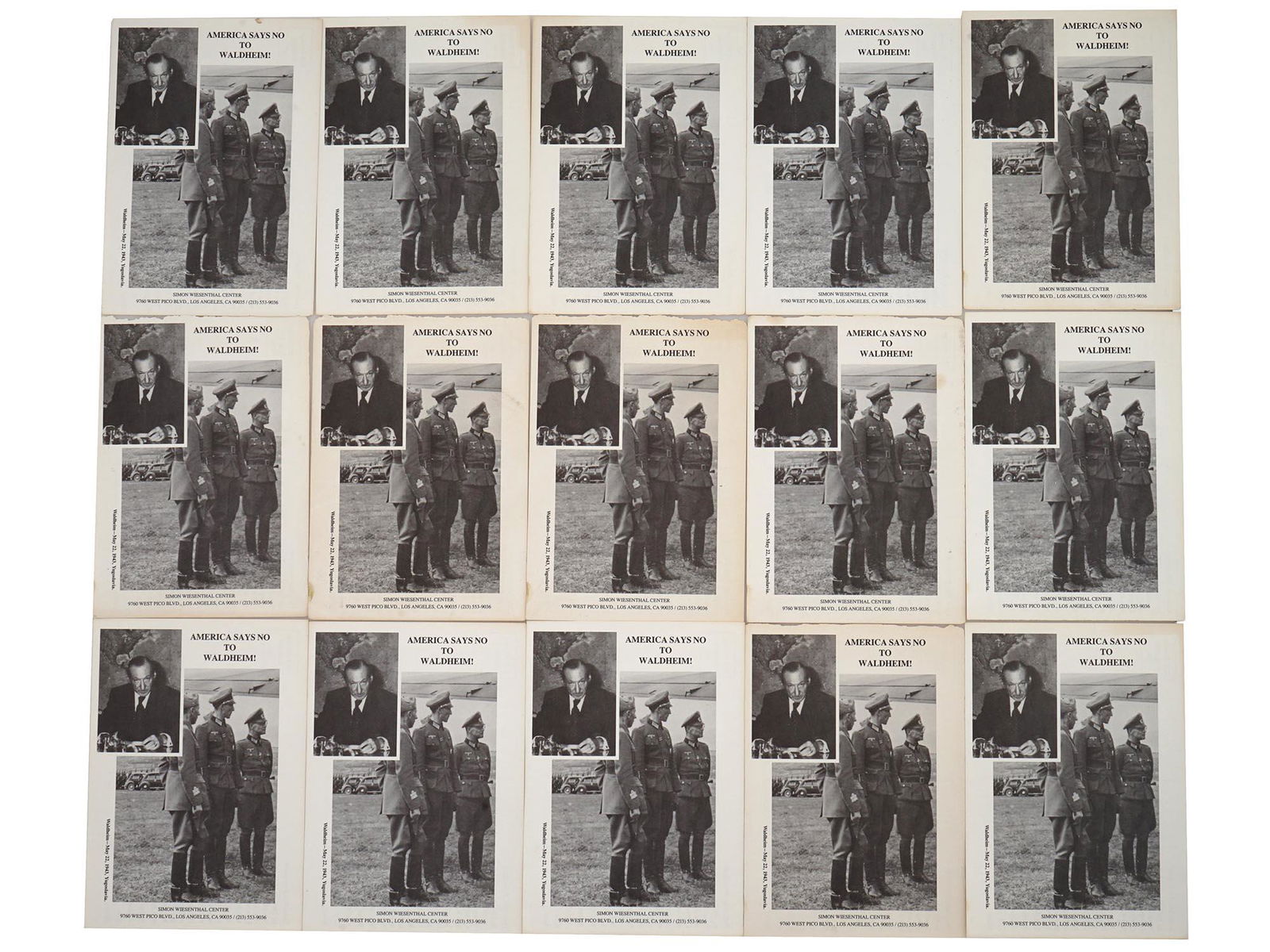 HOLOCAUST AMERICA SAYS NO TO WALDHEIM POSTCARDS: A set of 1986 American postcards with portraits of Nazi war criminal Kurt Waldheim and inscription America Say No To Waldheim! A total of 15 items. Postcards were issued by the Simon Wiesenthal Center