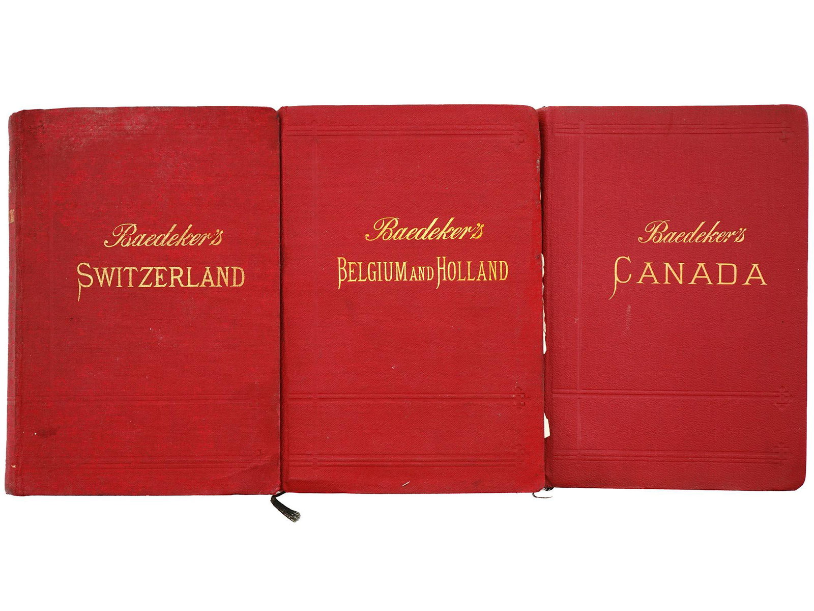 ANTIQUE BAEDEKERS EUROPA AND CANADA TRAVEL GUIDES: A lot of three 1900s Baedekers travel guides. Switzerland, and the adjacent portions of Italy, Savoy and the Tyrol, 19th ed., 1901. The Dominion of Canada, with Newfoundland and an excursion to Alaska